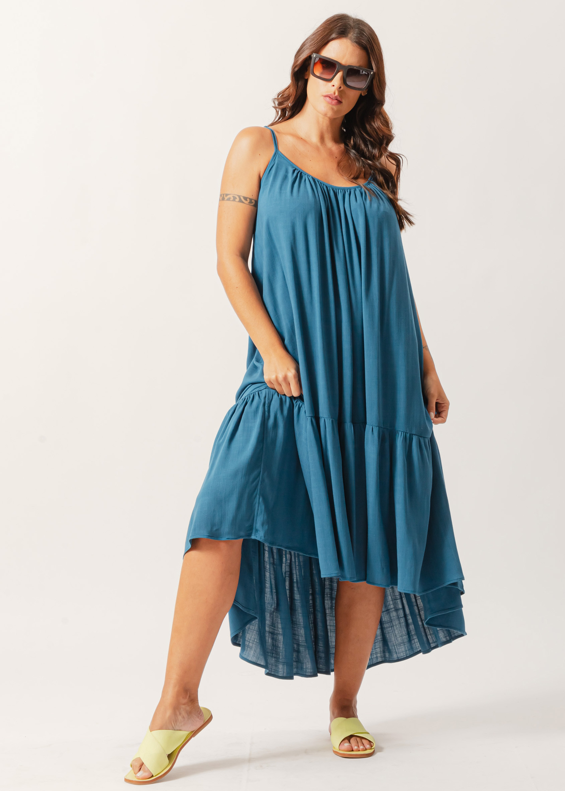 Vestido Mullet Linho Azul Petróleo