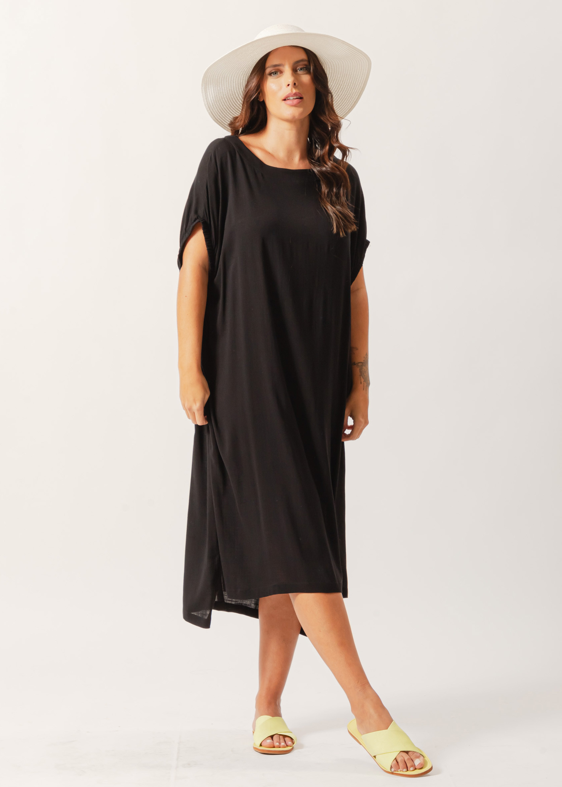 Vestido Linho Manga Elástico Preto