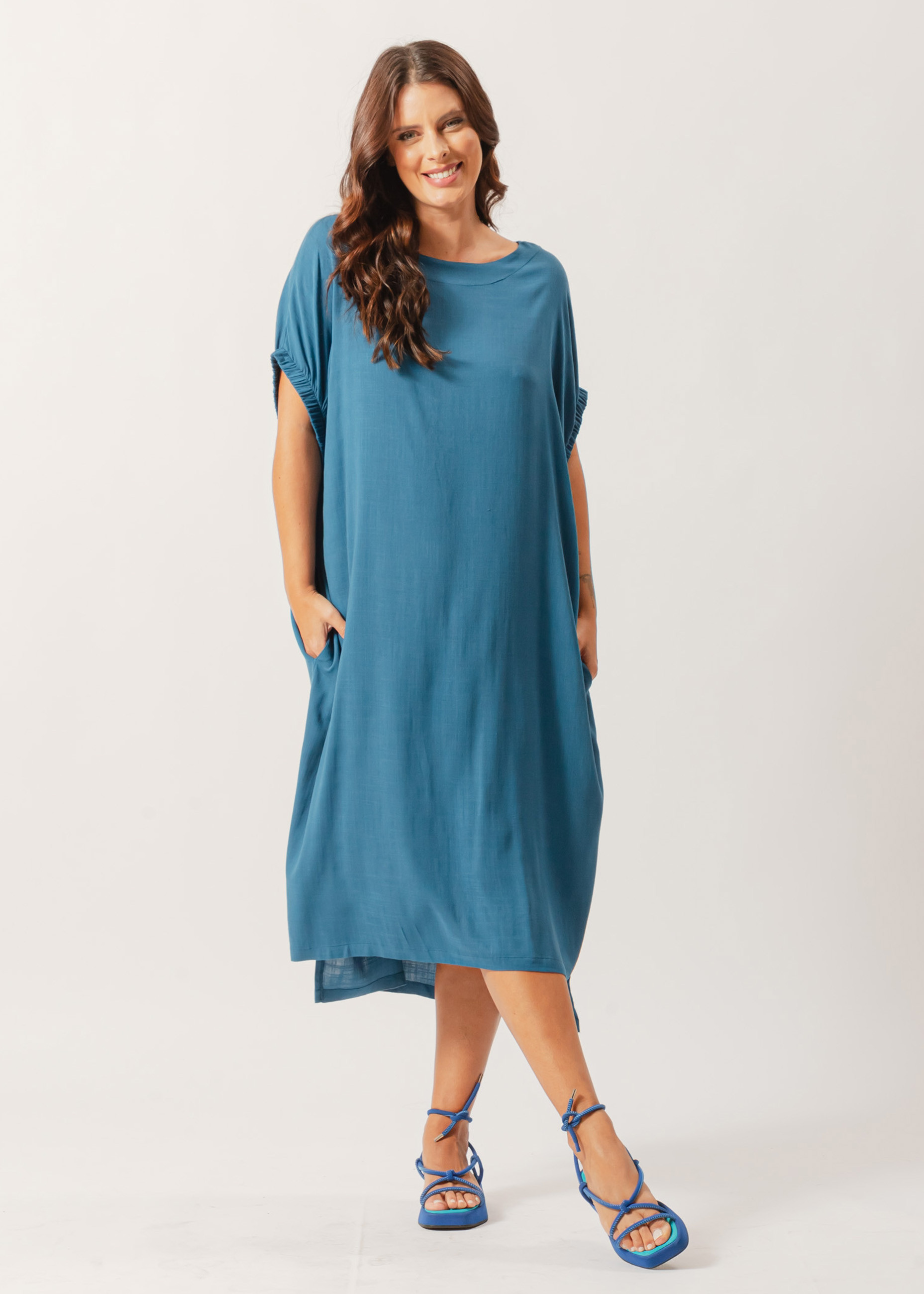 Vestido Linho Manga Elástico Azul Petróleo