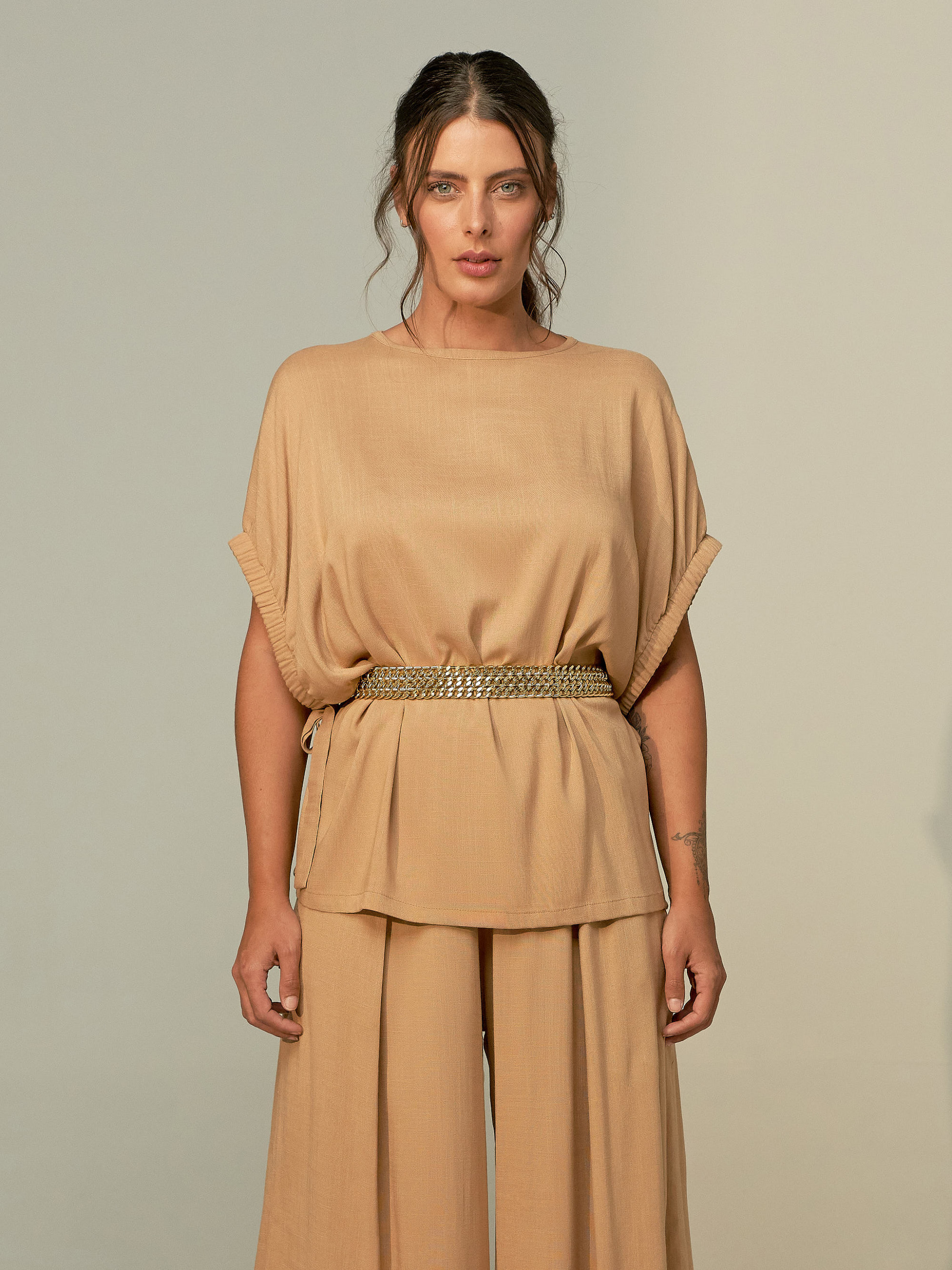 Blusa Linho Laço Lateral Areia