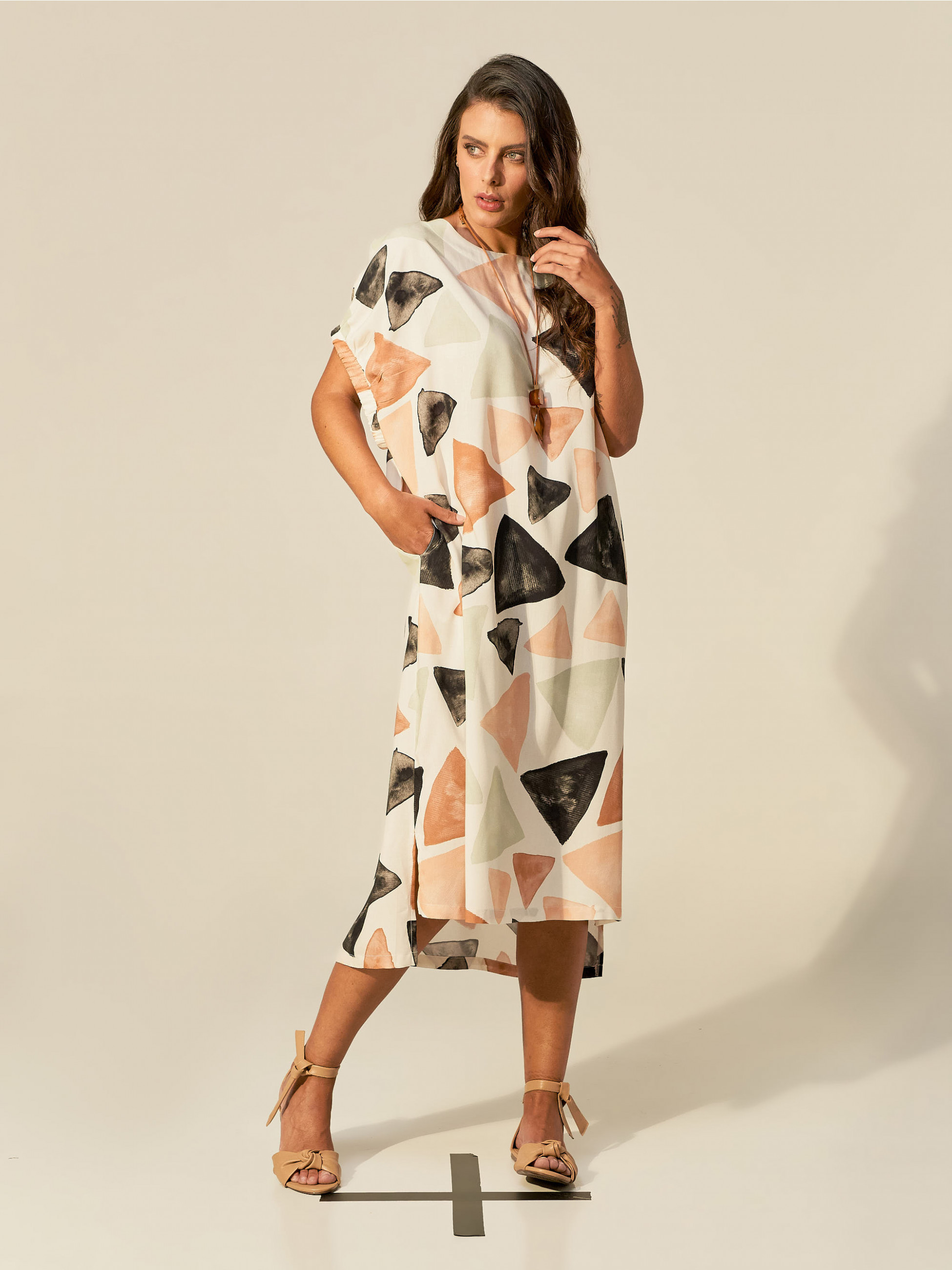 Vestido Kaftan Viscose Estampa Triângulos