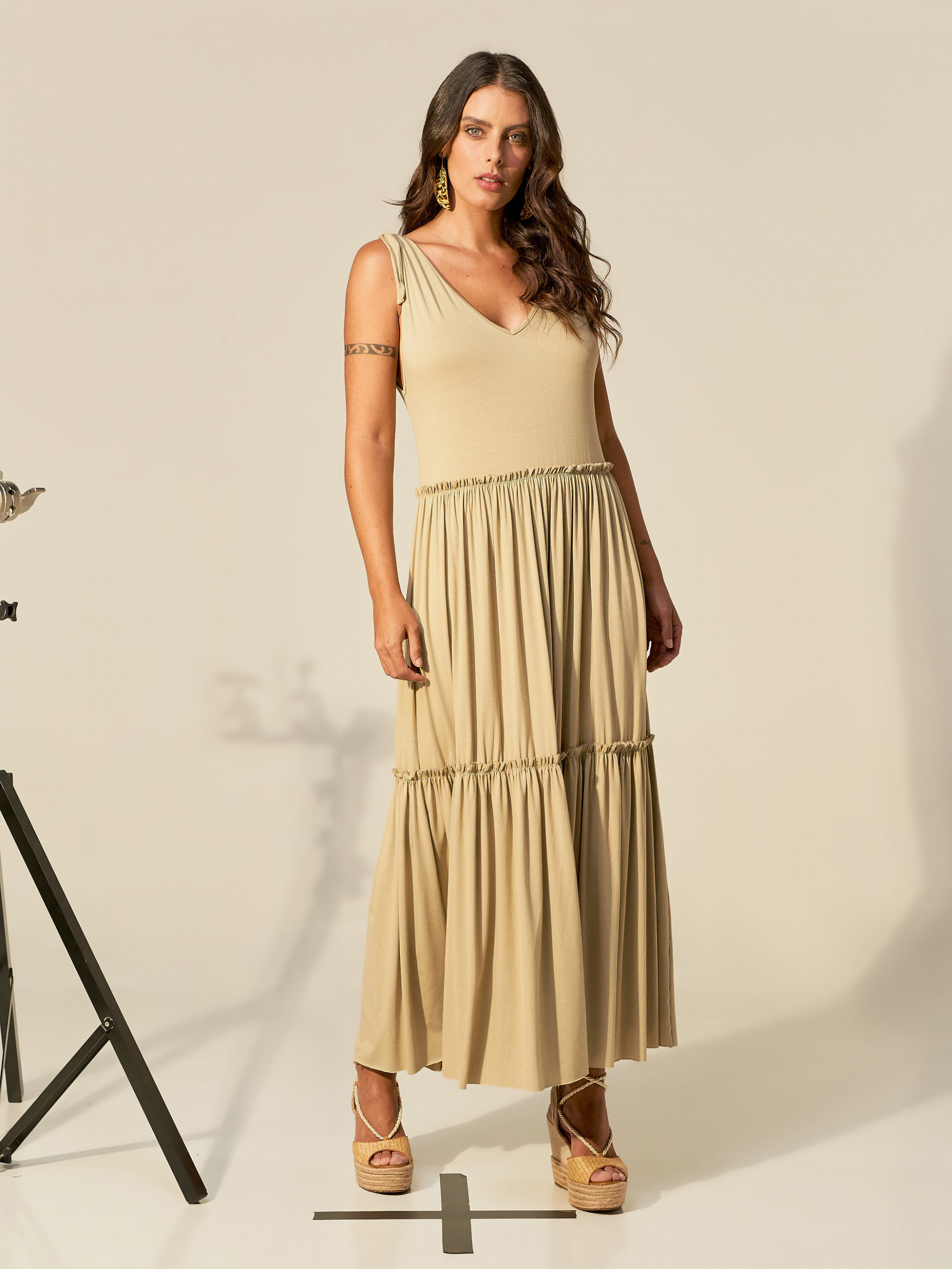 Vestido Laço Alça Cáqui