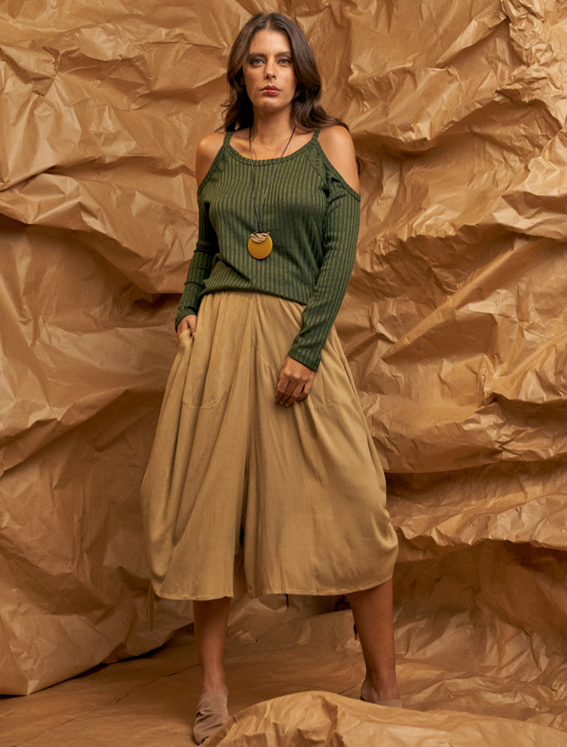 Blusa Ombro M\L Canelado Verde Militar