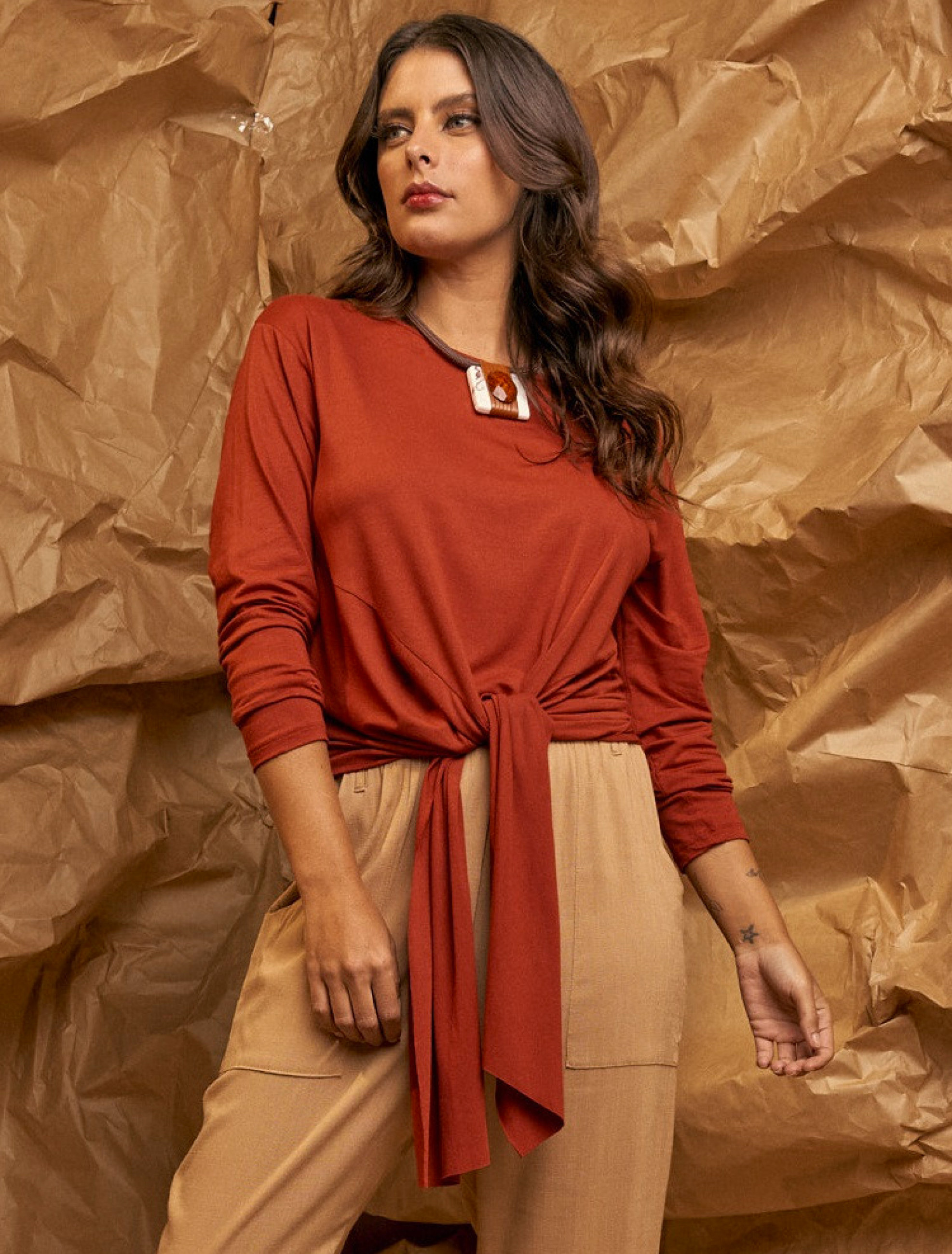 Blusa Nó Manga Longa Ferrugem