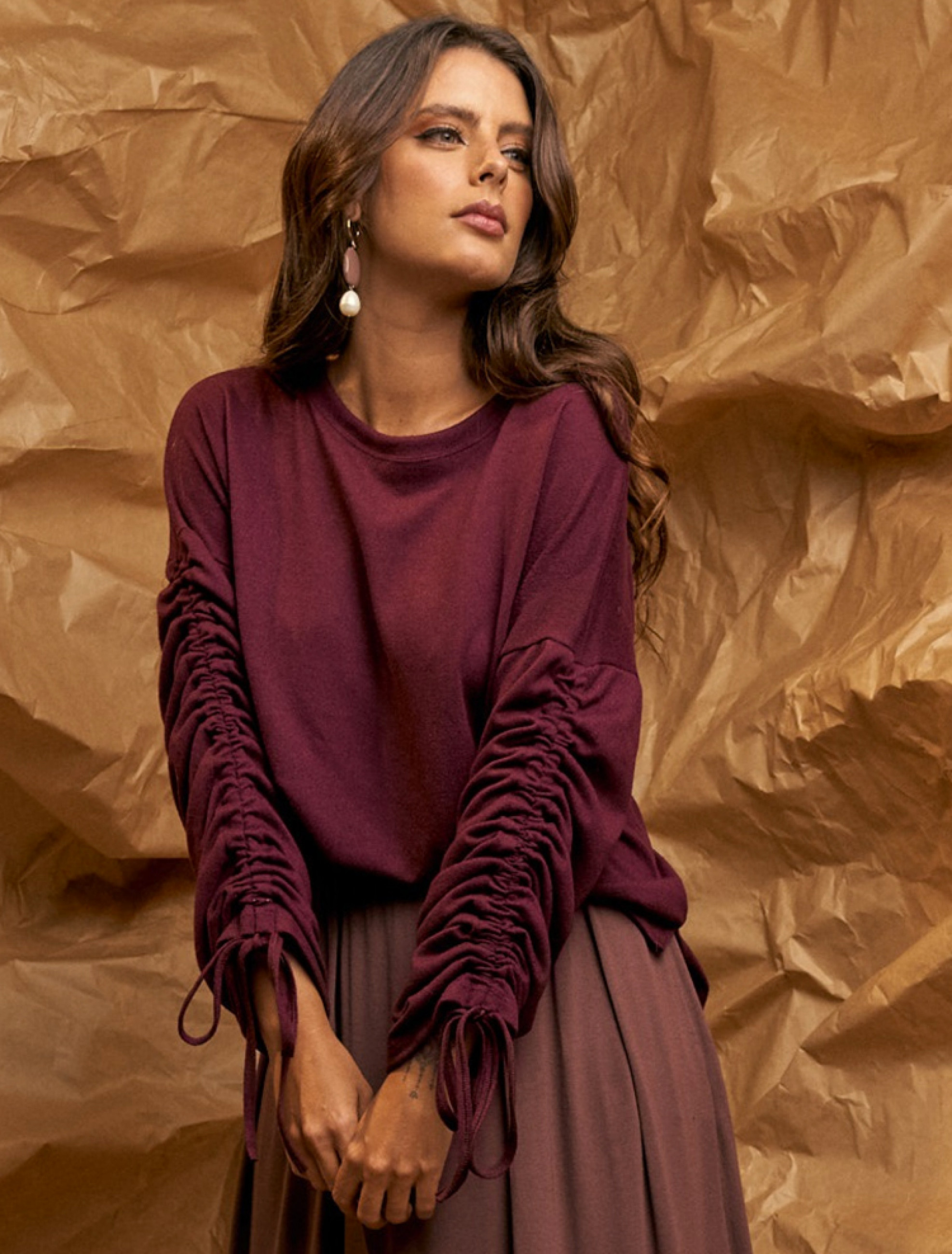 Blusa Lã Manga Franzida Vinho
