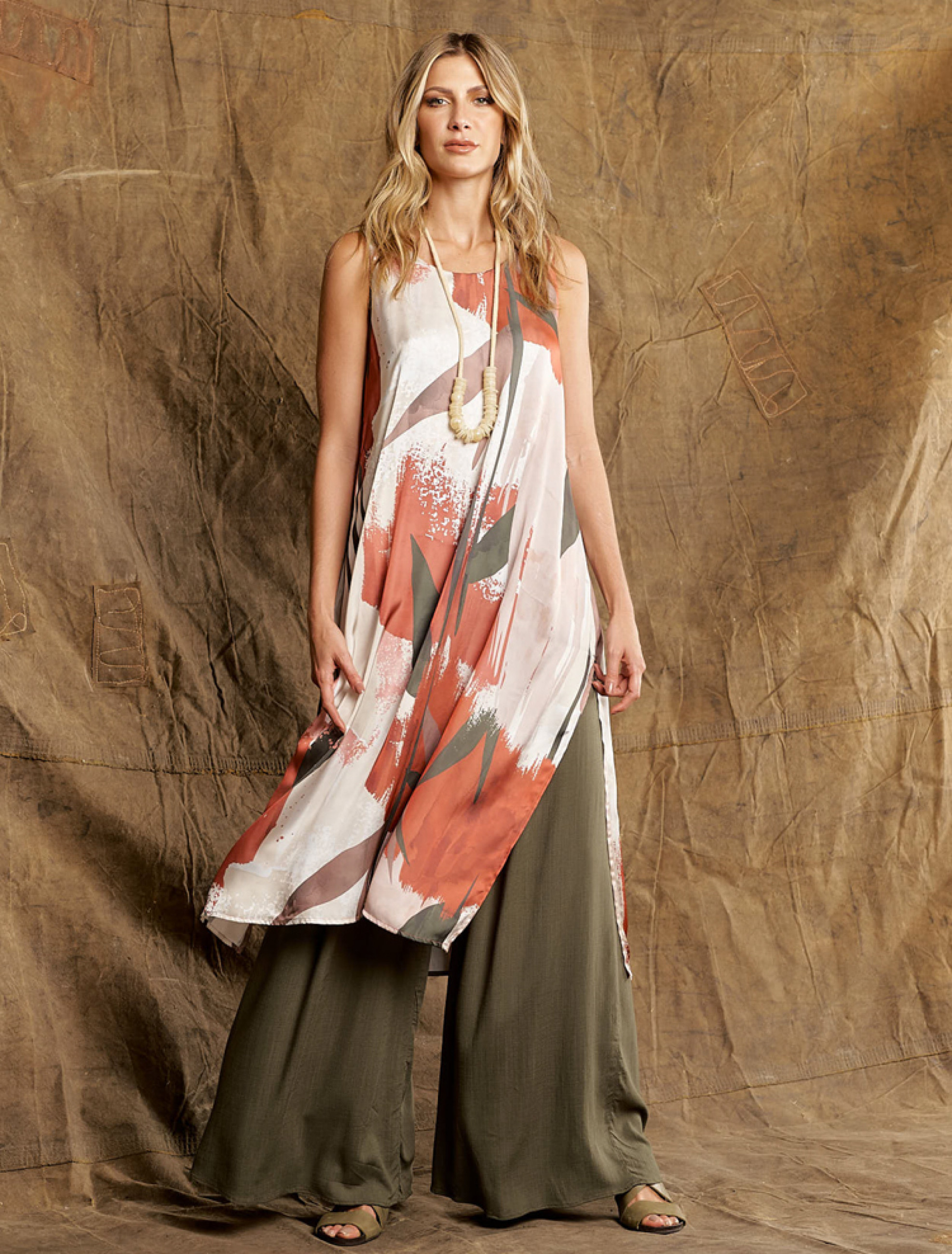 Regata Longa Acetinada Folhagem Telha