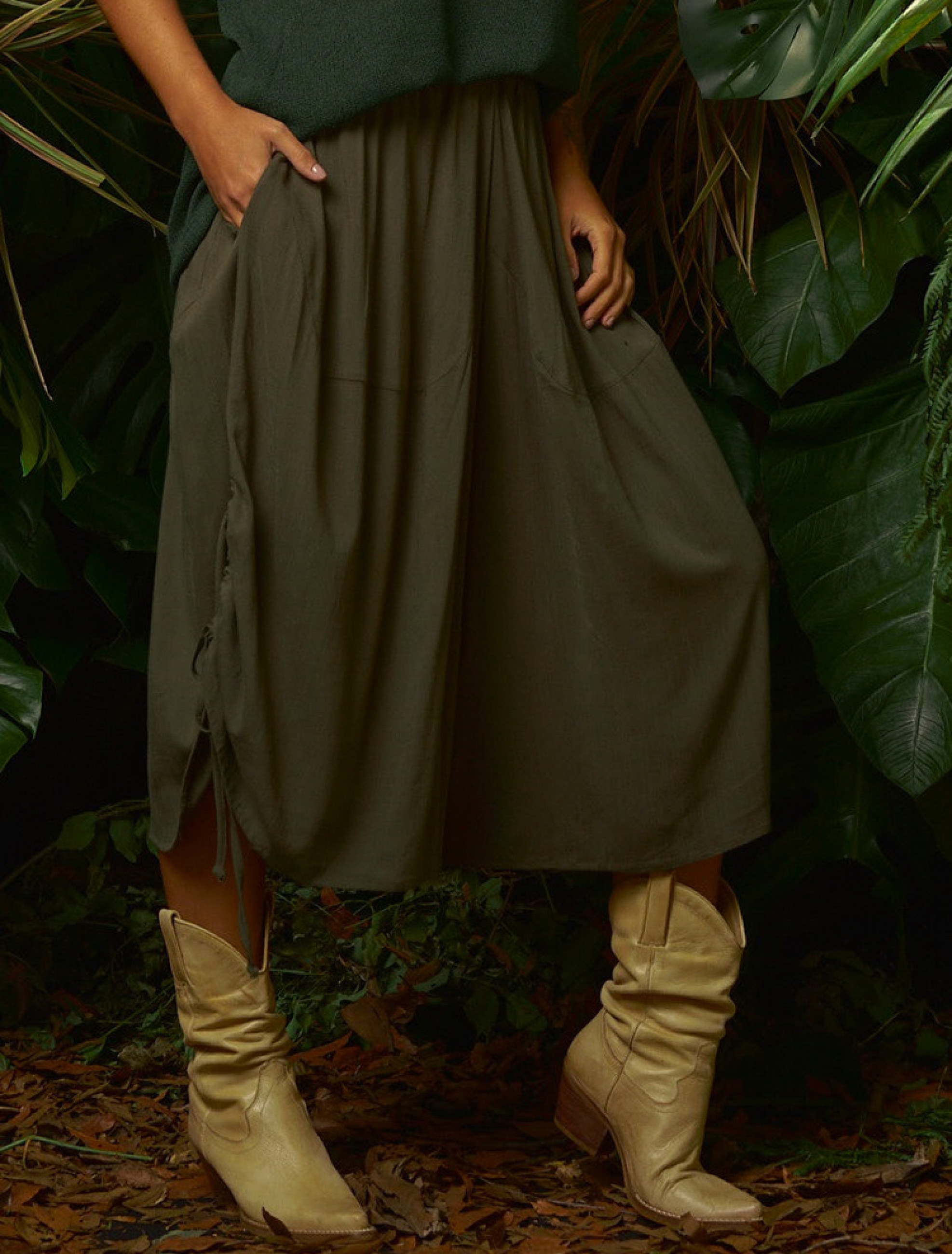 Pantacourt Linho Franzida Verde Folha