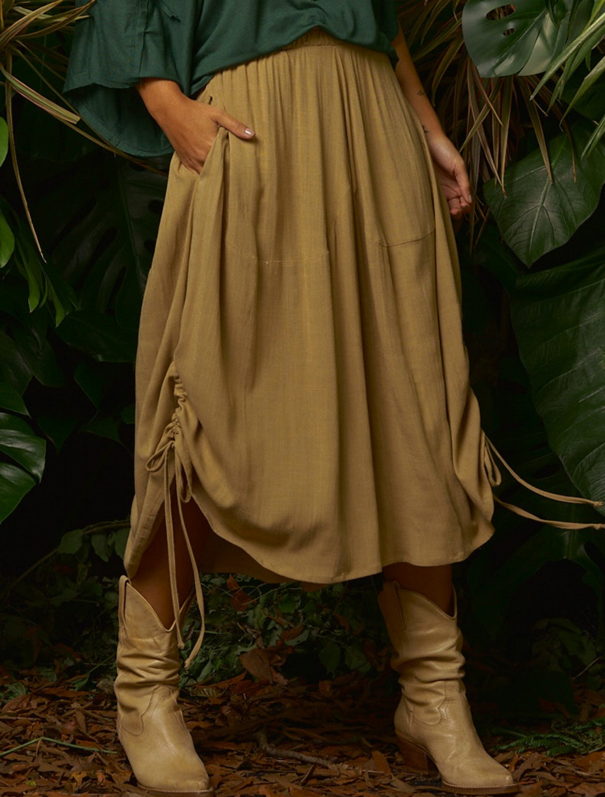 Pantacourt Linho Franzida Cáqui