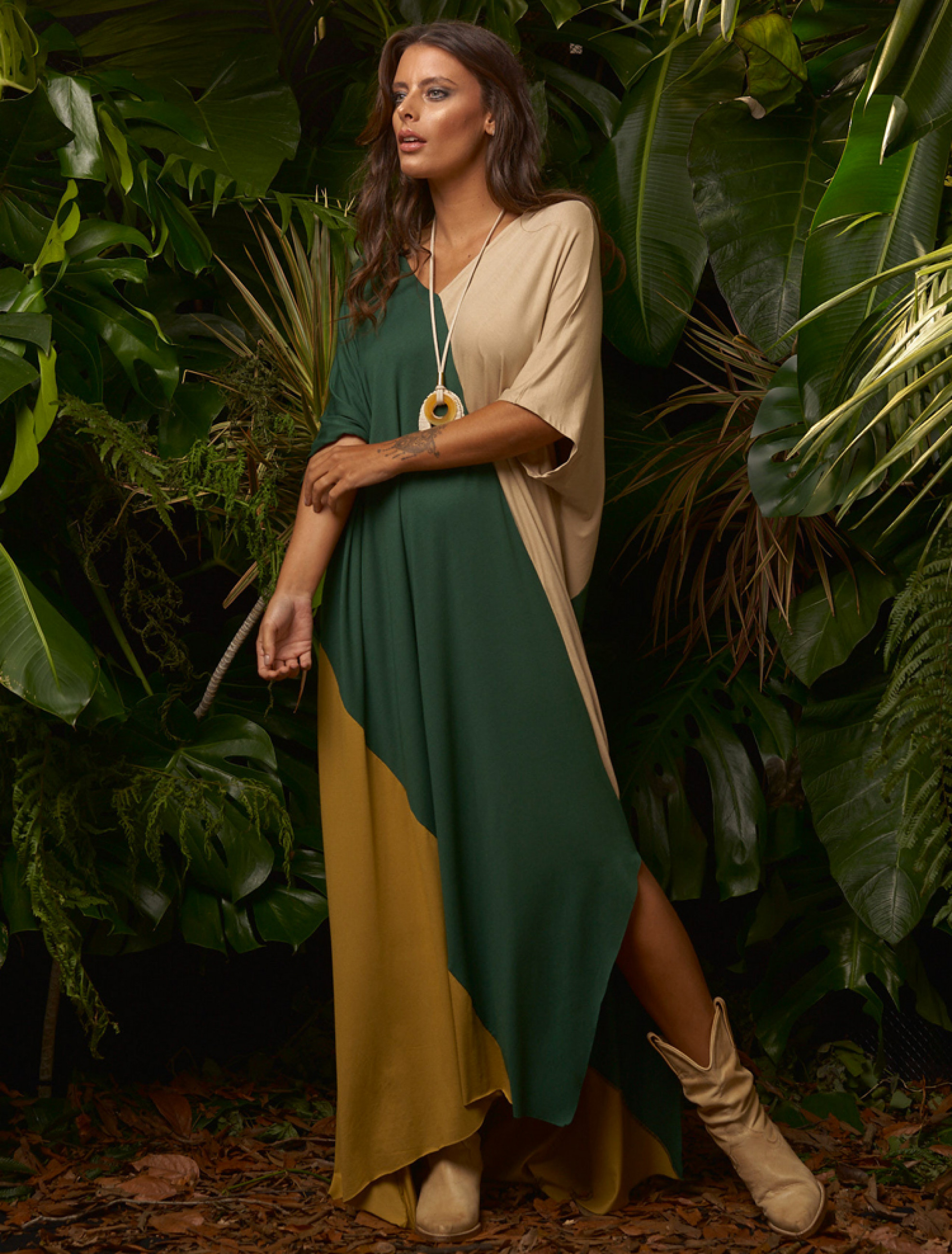 Vestido Tricolor Manga Verde Folha