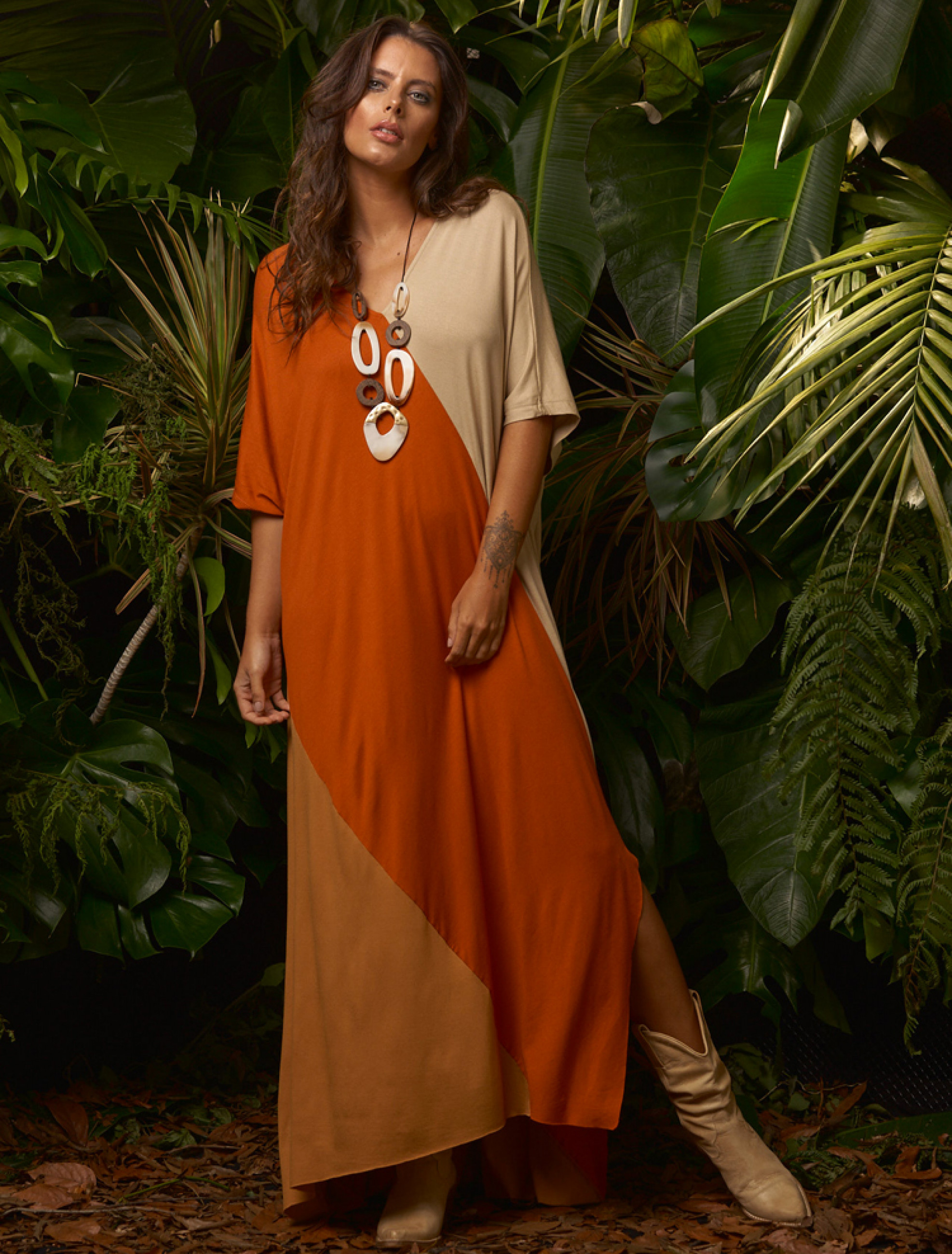 Vestido Tricolor Manga Telha