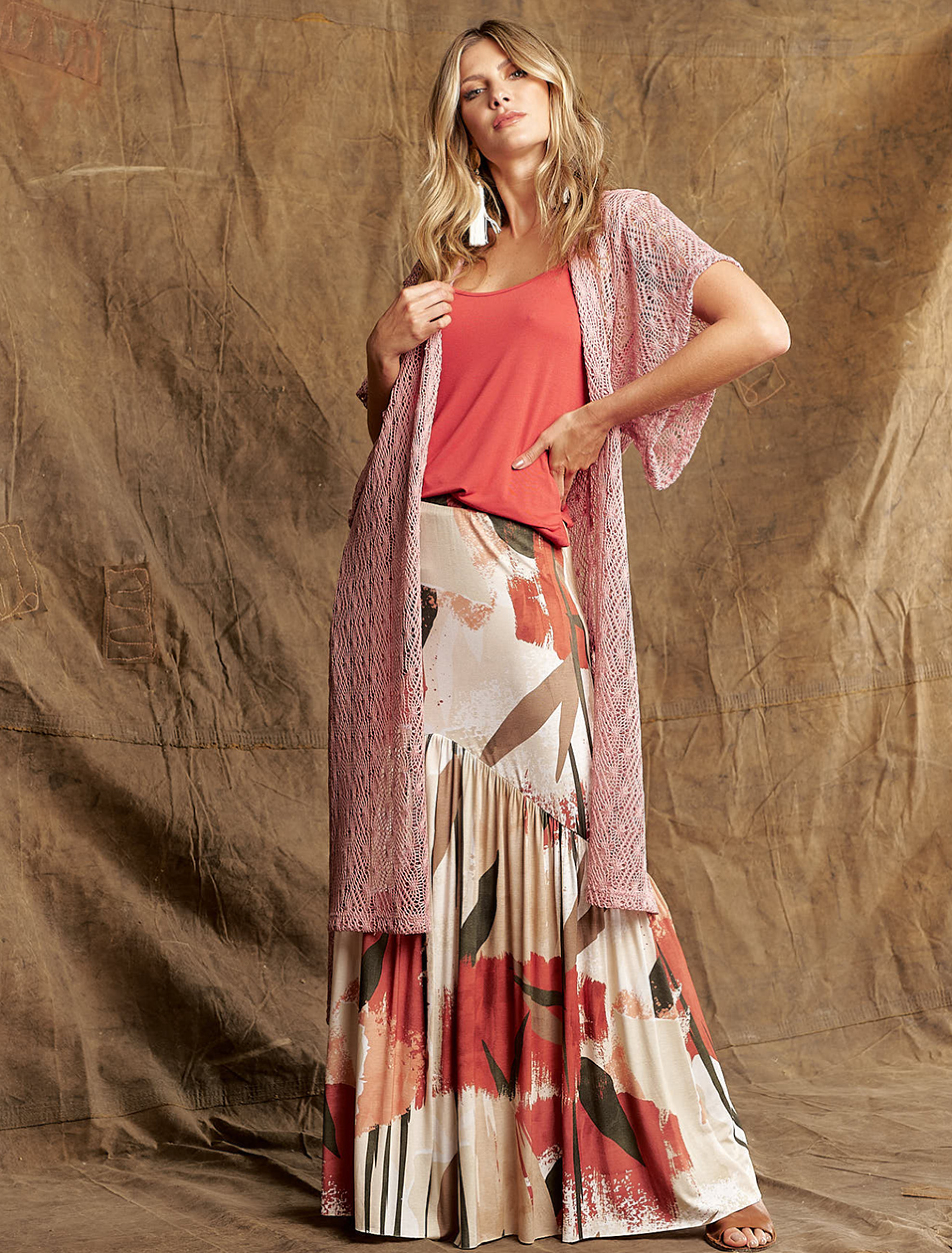 Kimono Crochê Telha