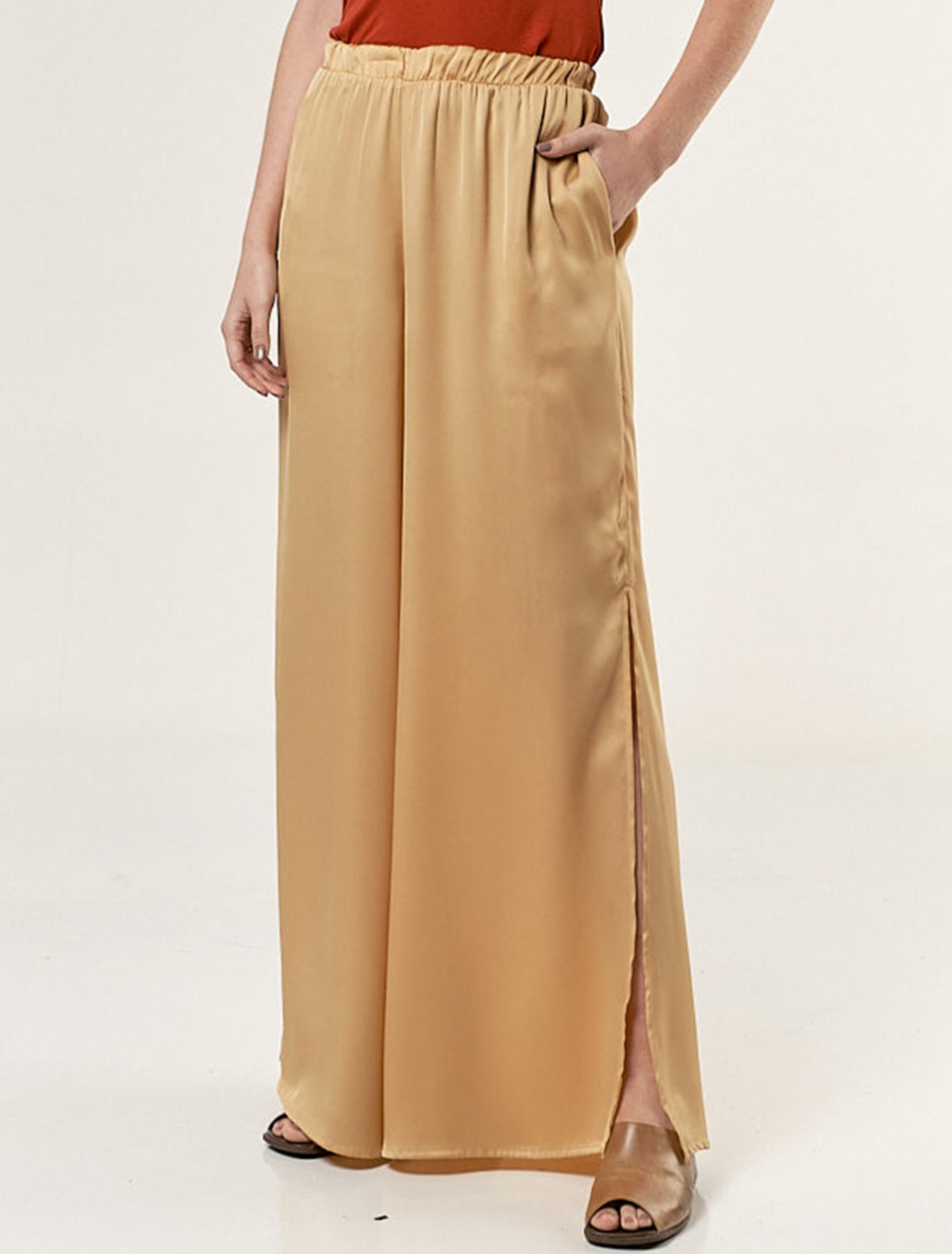 Calça Pantalona Acetinada Mostarda