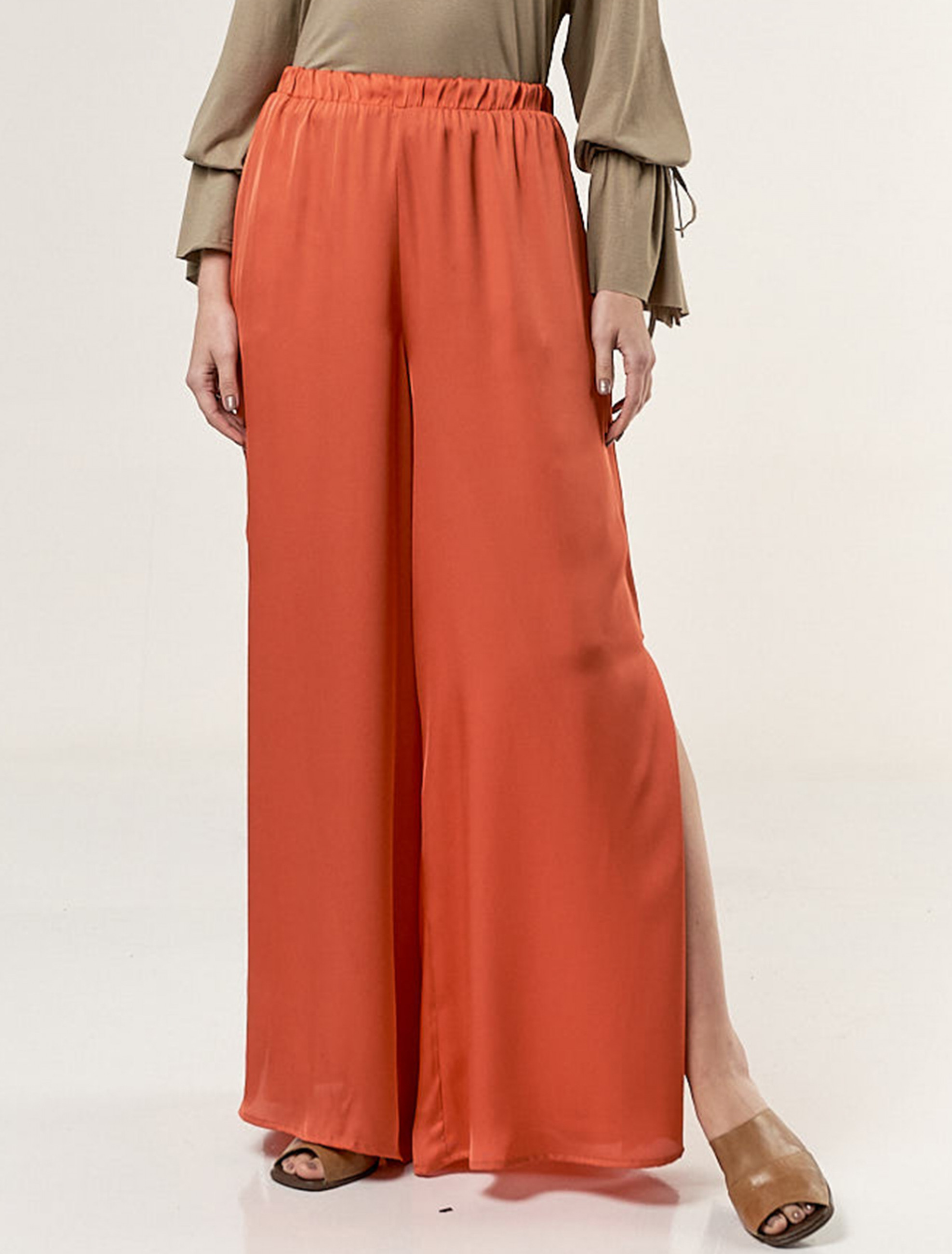 Calça Pantalona Acetinada Telha