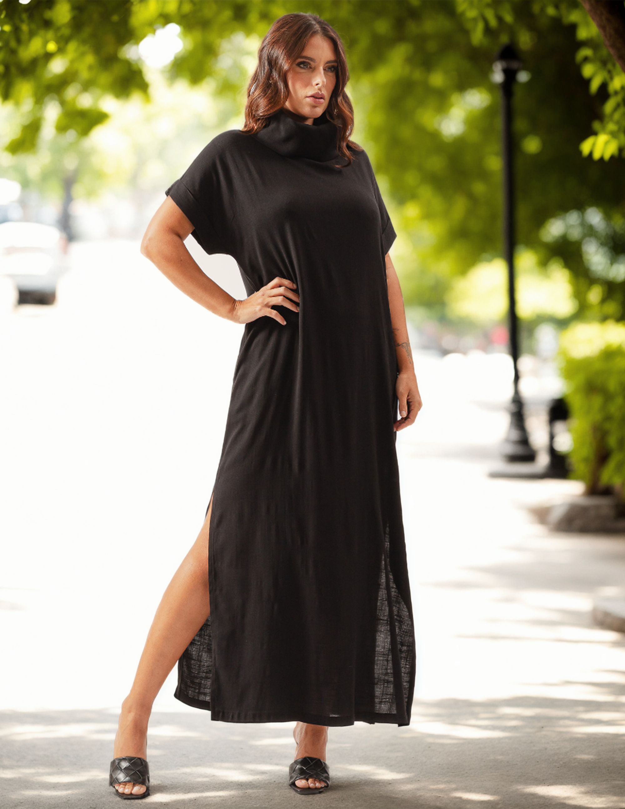 Vestido Linho Gola Alta Preto