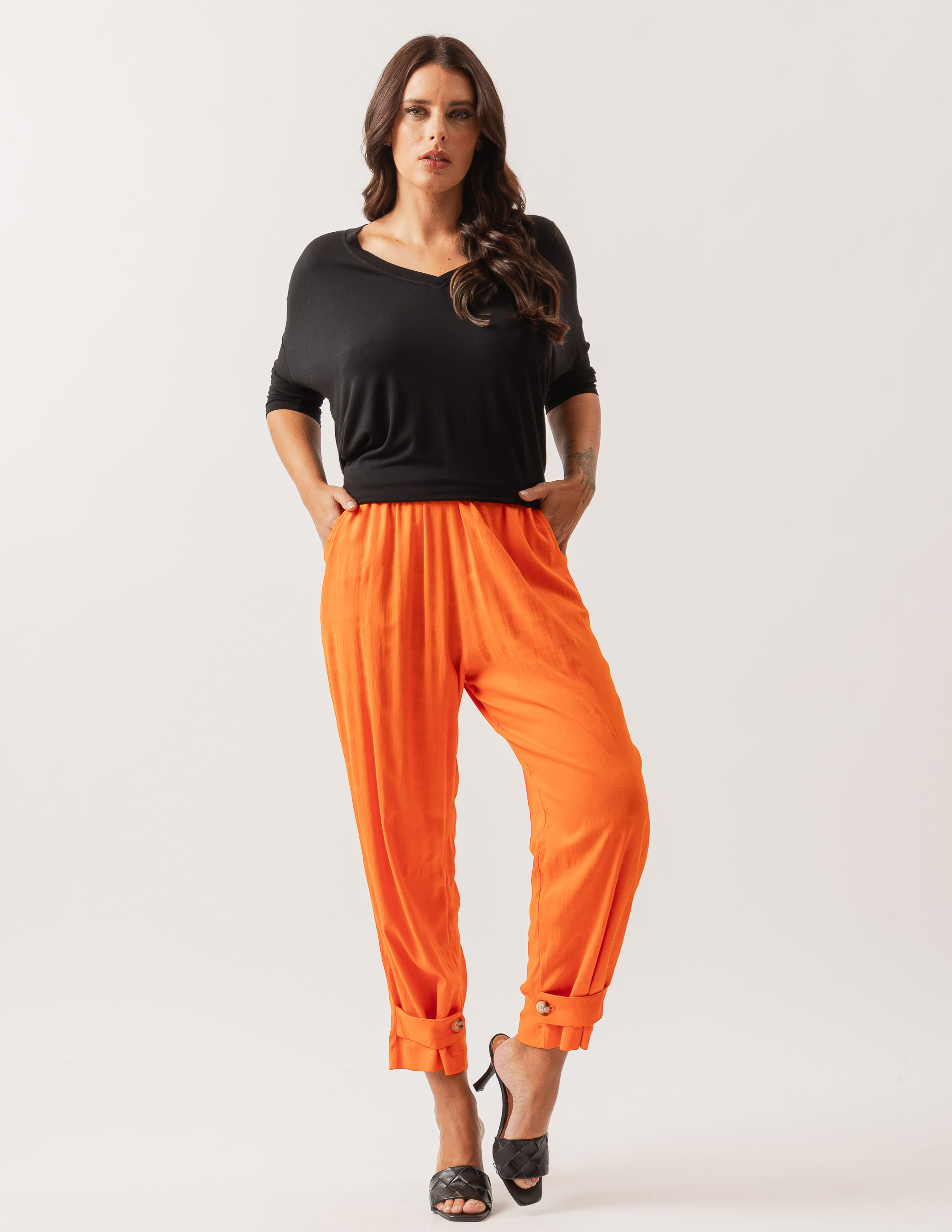 Calça Linho Botão Barra Laranja Cítrico