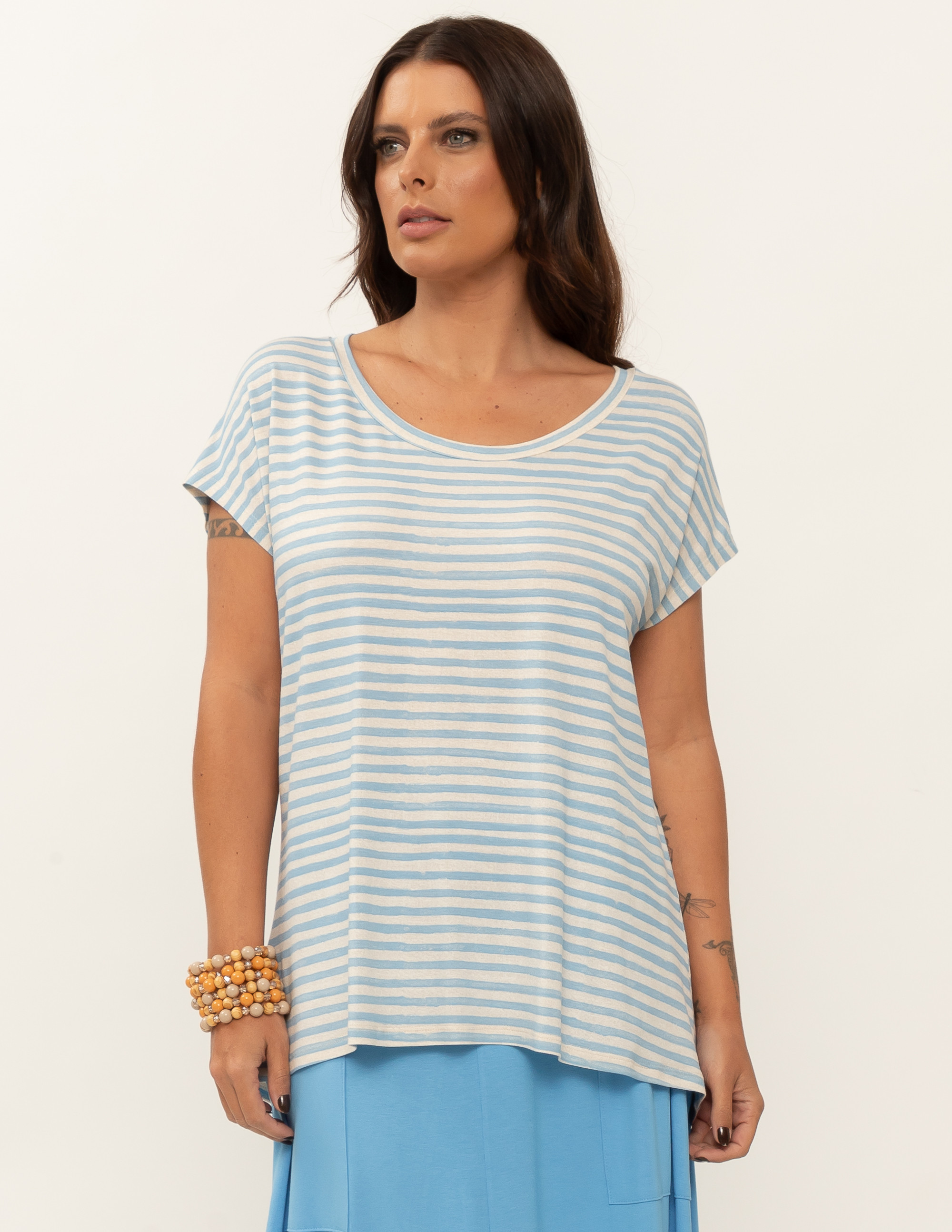 Blusa Drapeada Costa Listra Azul Calmaria