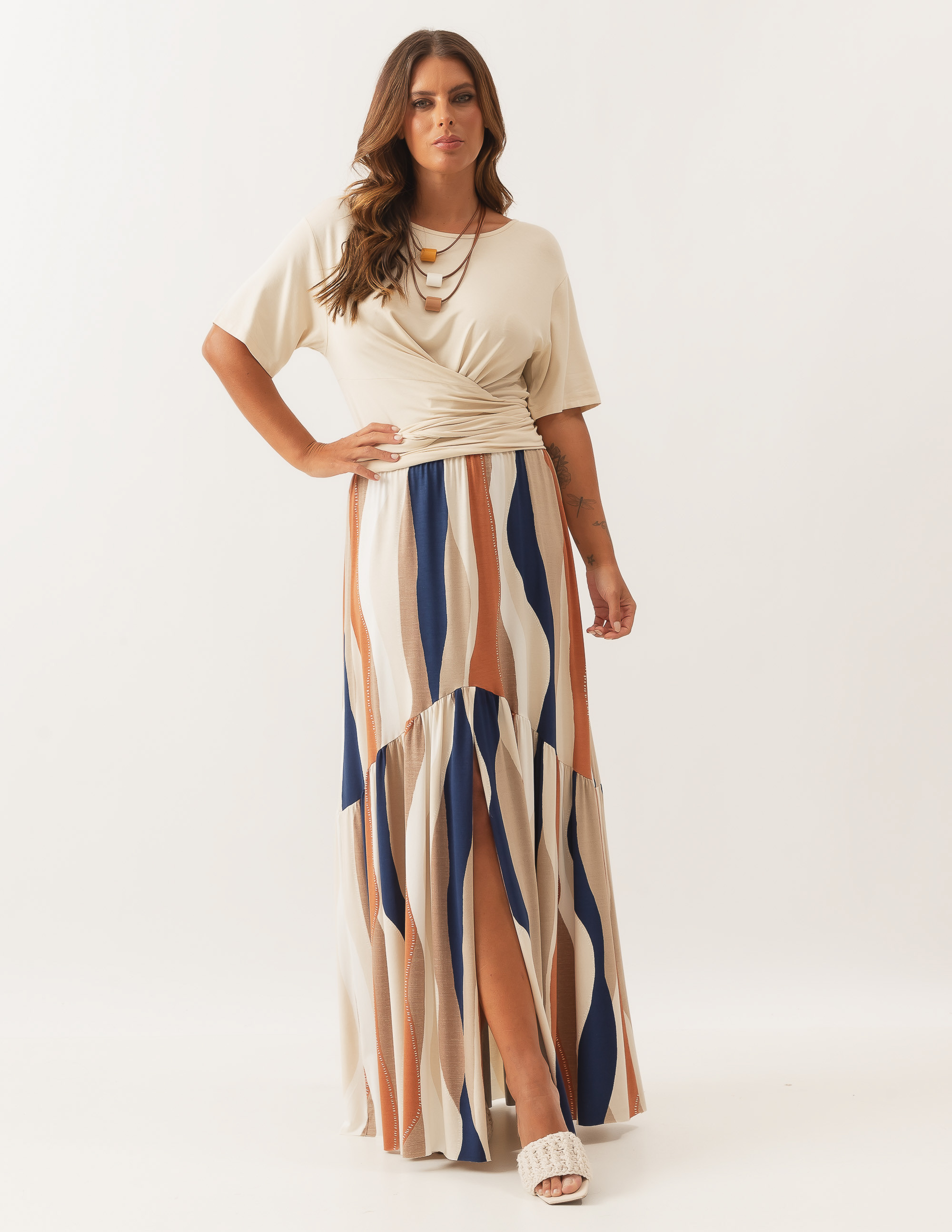 Saia Longa Fenda Estampa Ondas