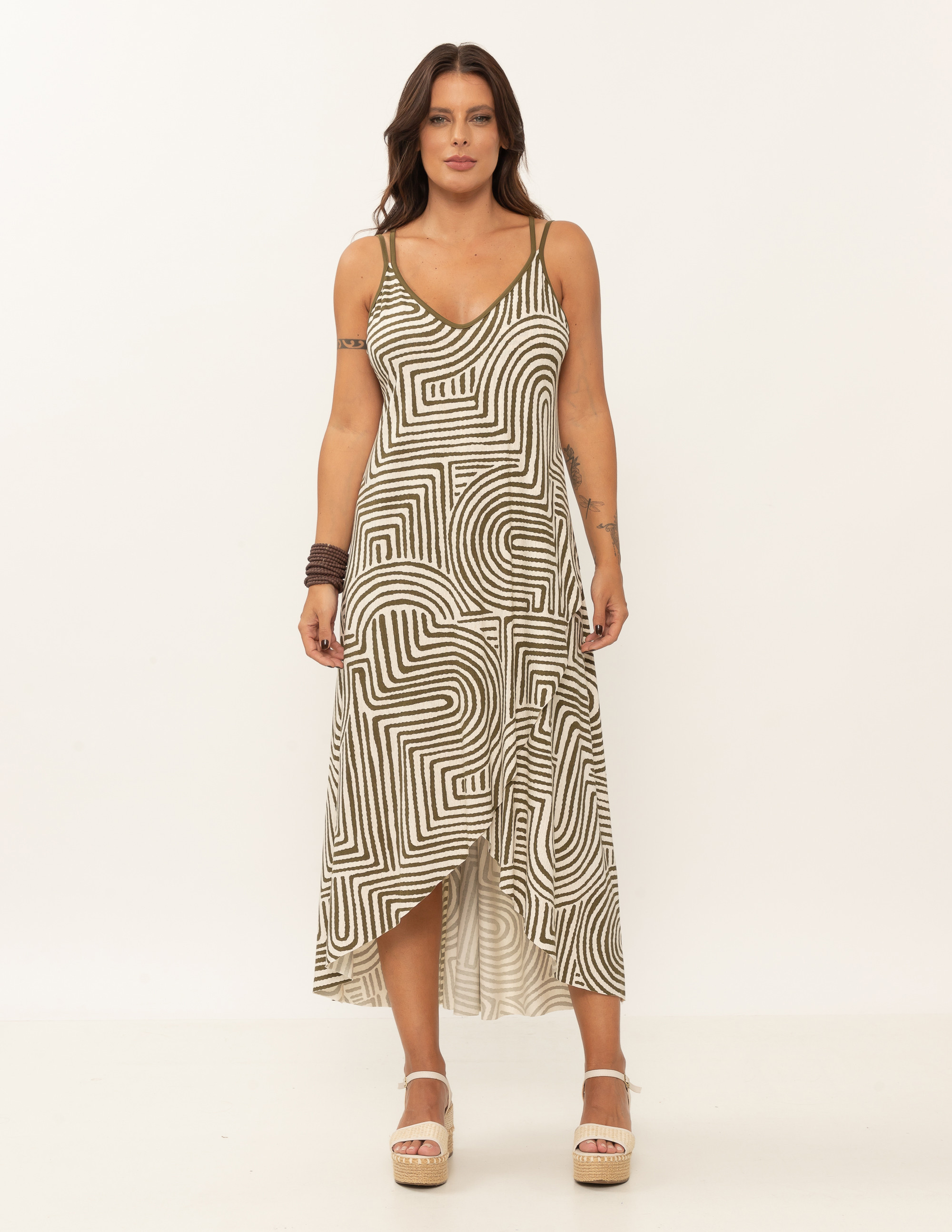 Vestido Camadas Estampa Labirinto Oliva