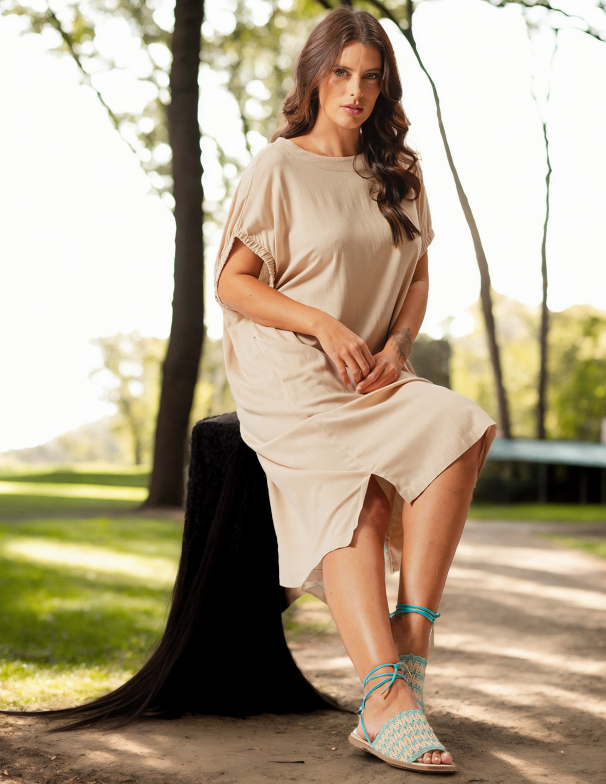 Vestido Linho Manga Elástico Trigo