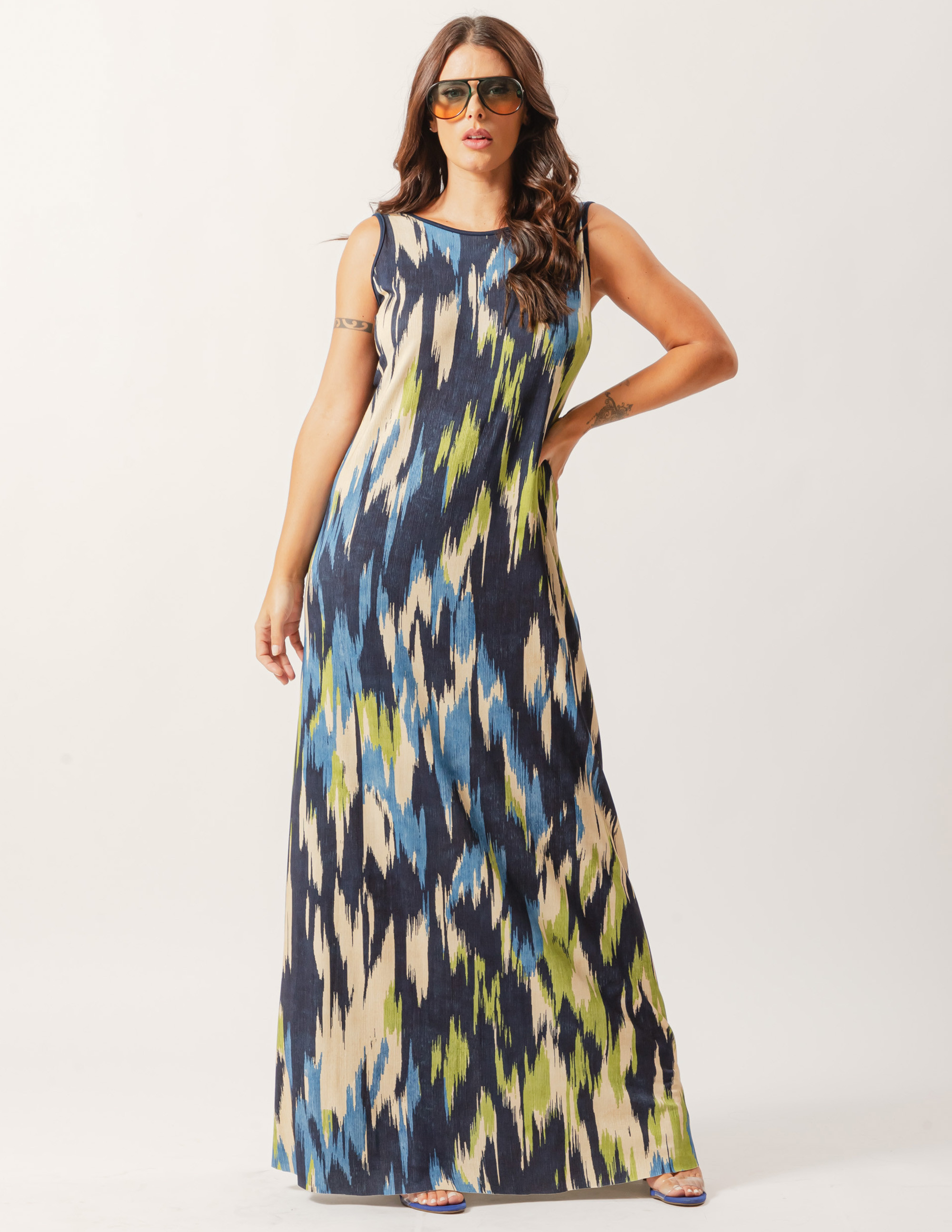 Vestido Longo Decote Costas Estampa Aquarela