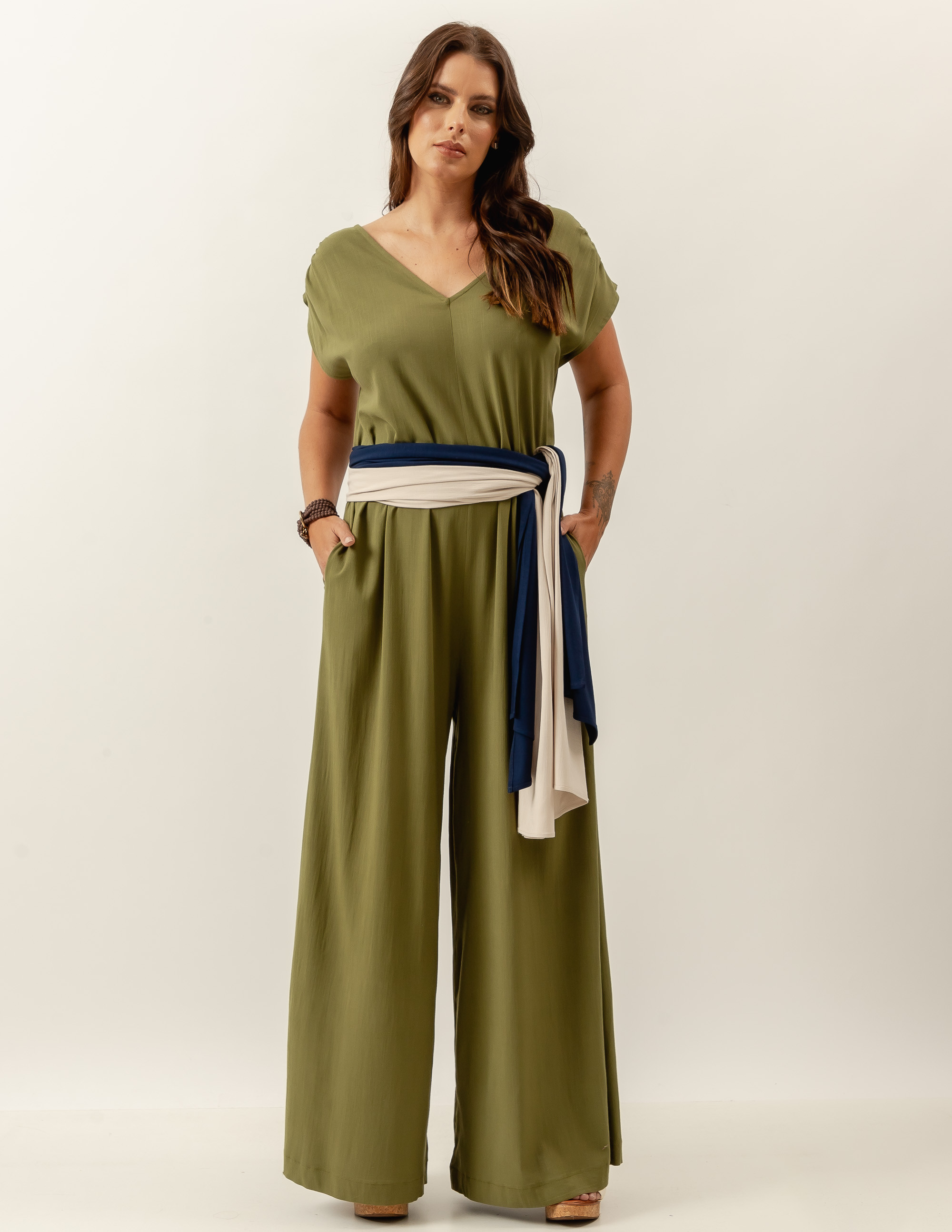 Macacão Pantalona Linho Verde Selva