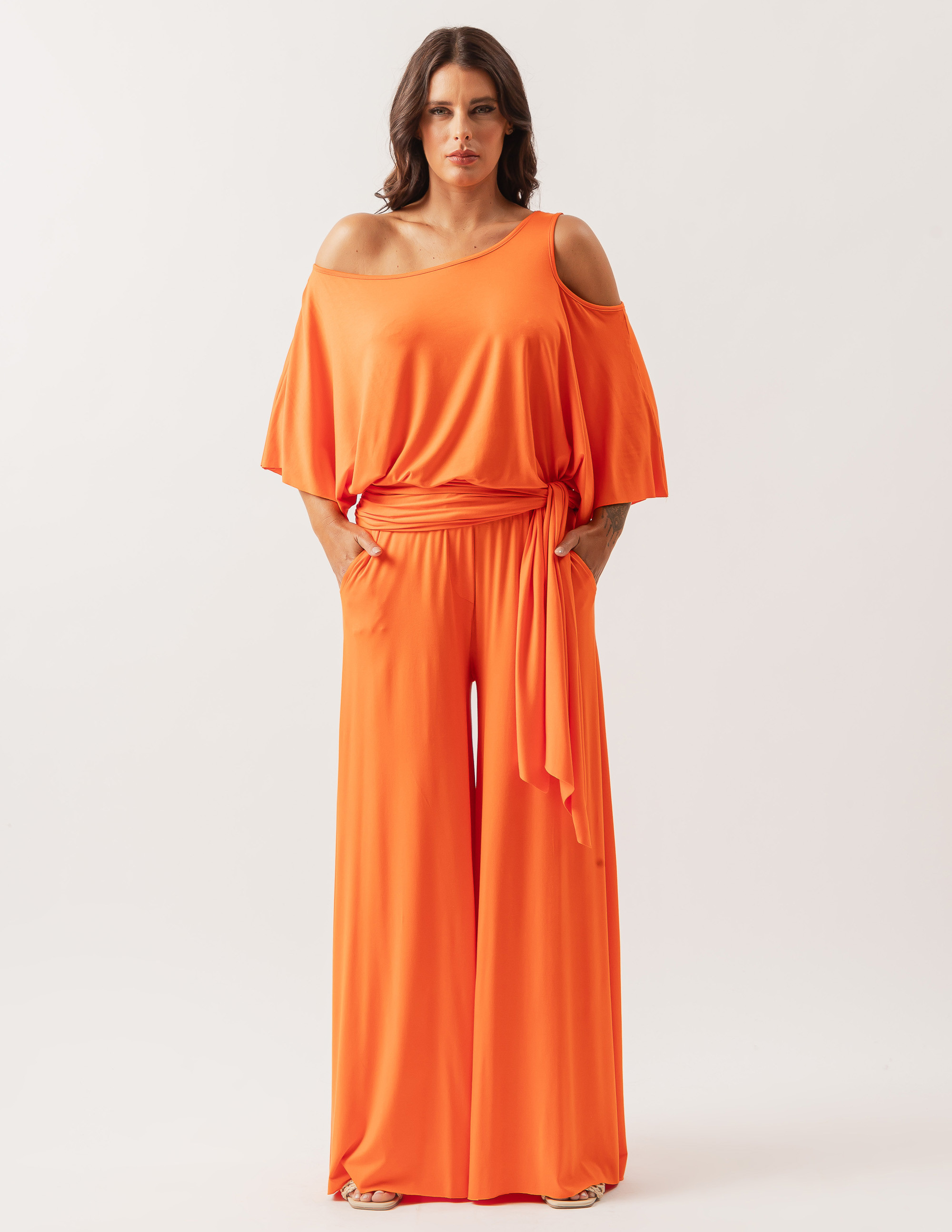 Blusa Abertura Ombros Faixa Laranja Cítrico