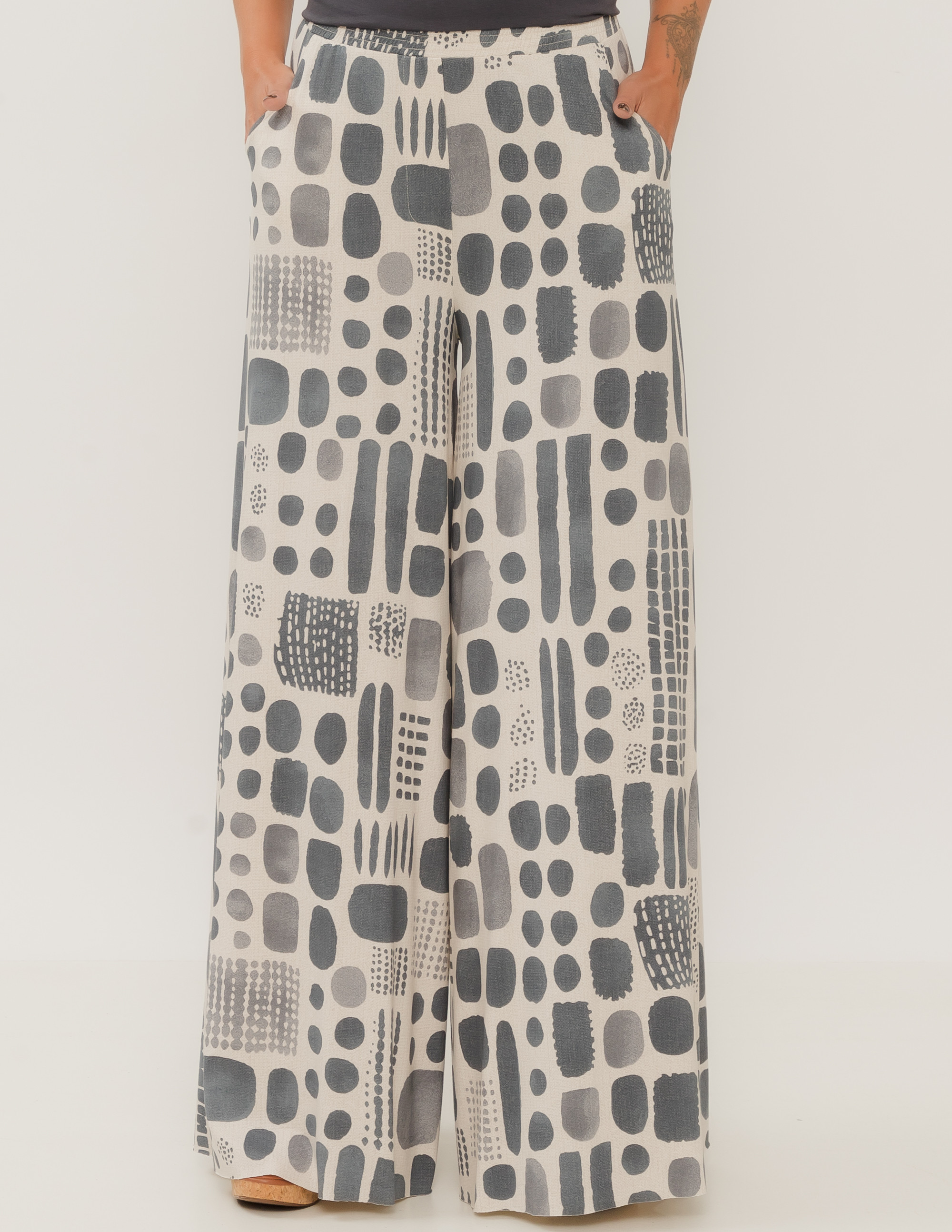 Calça Maxi Pantalona Estampa Etnica Calcário