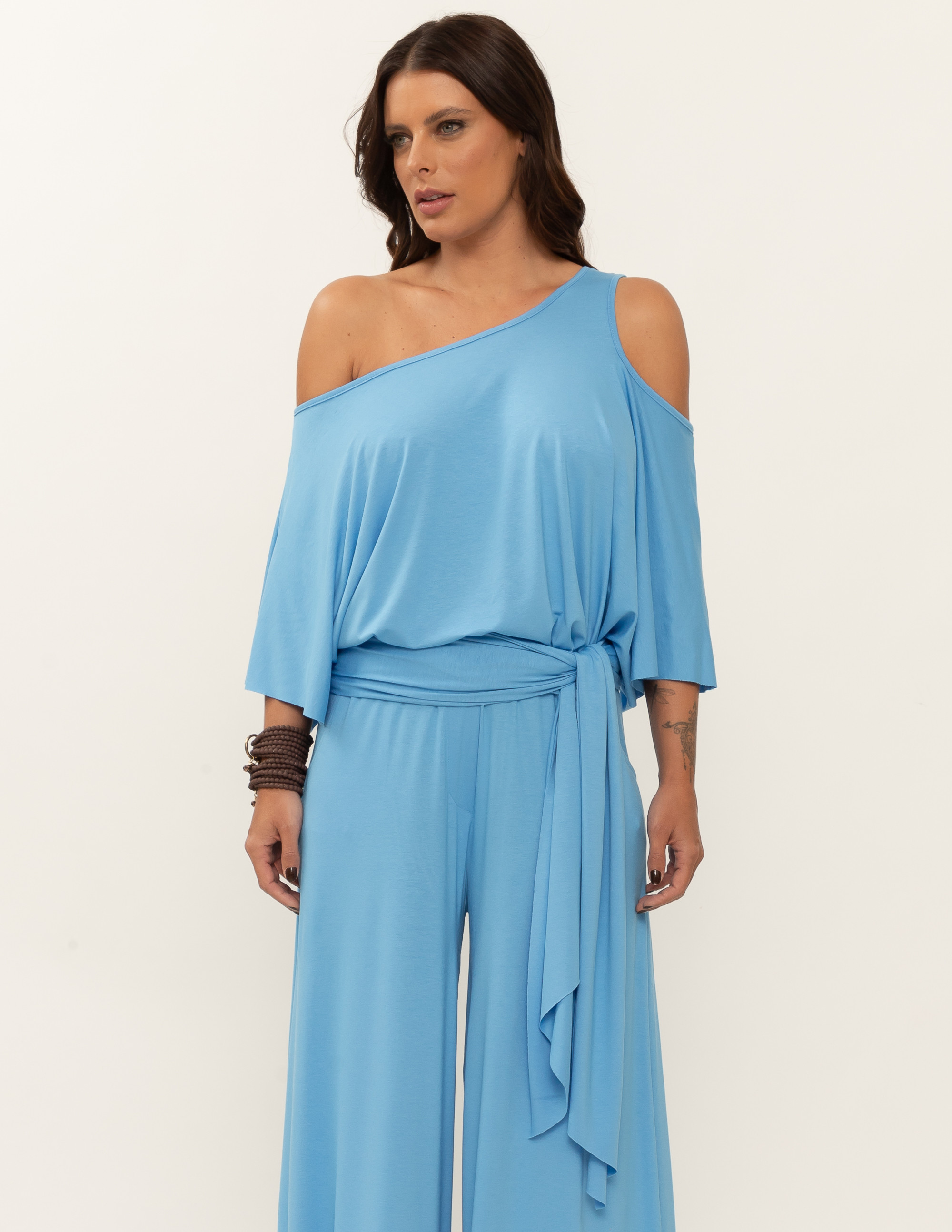 Blusa Abertura Ombros Faixa Azul Calmaria