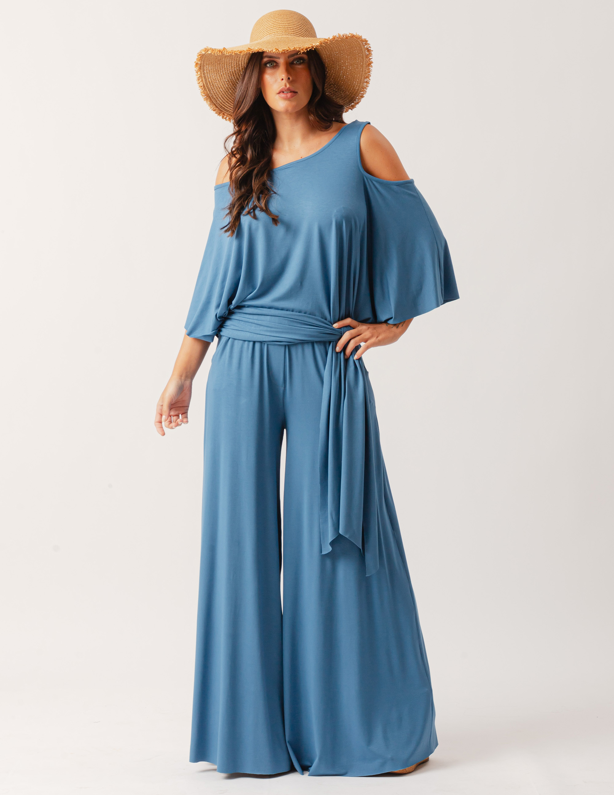 Blusa Abertura Ombros Faixa Azul Pacífico