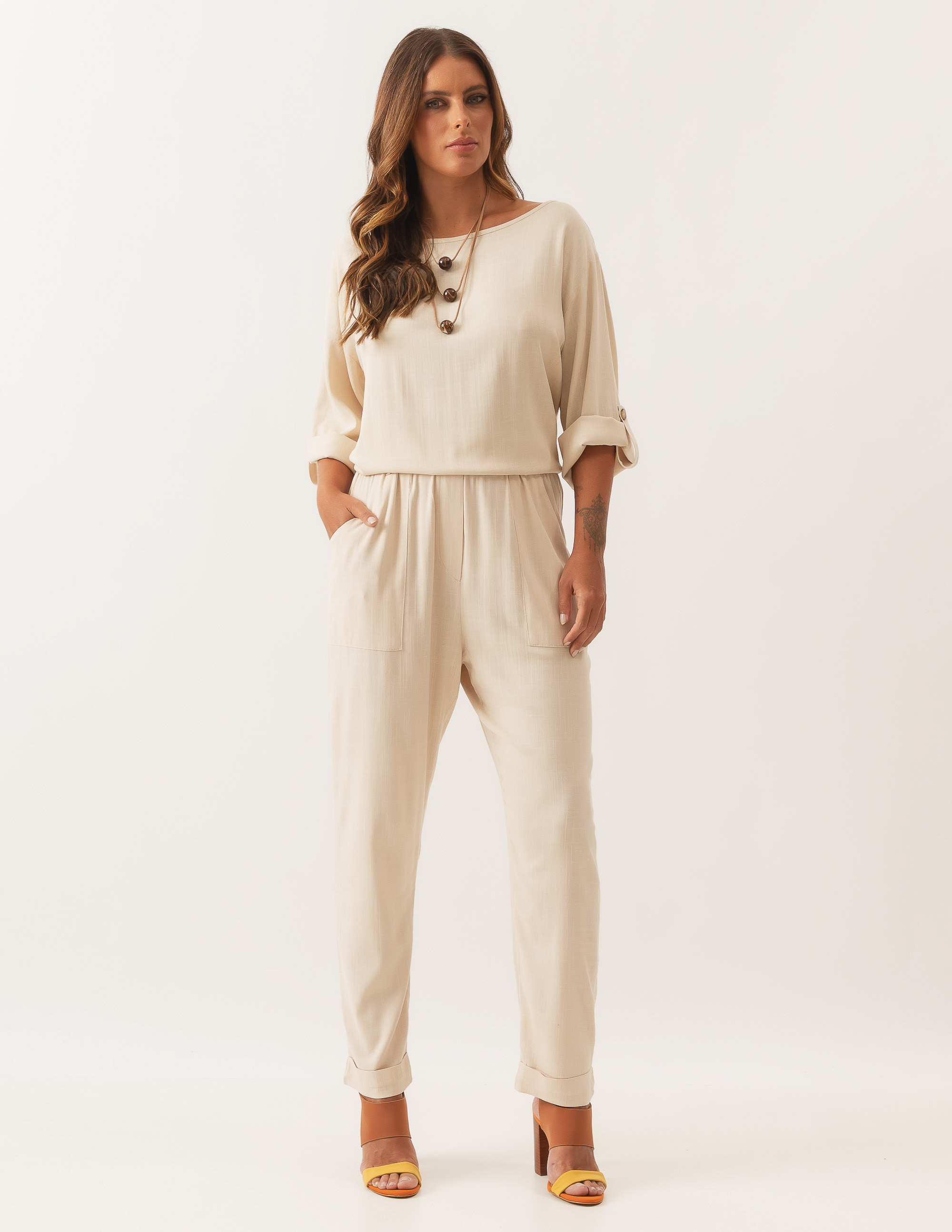 Blusa Linho Manga Botão Trigo