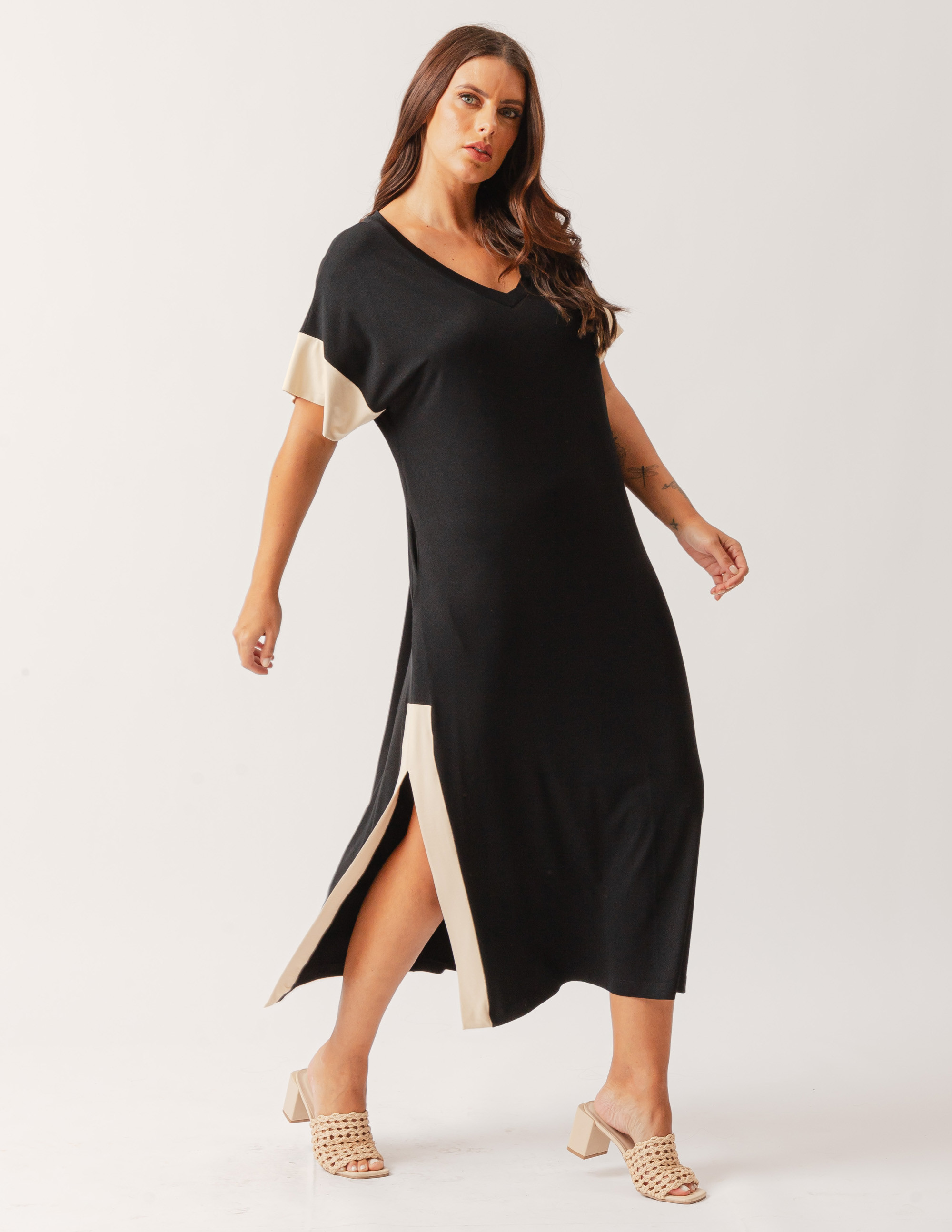 Vestido Midi Bicolor Preto