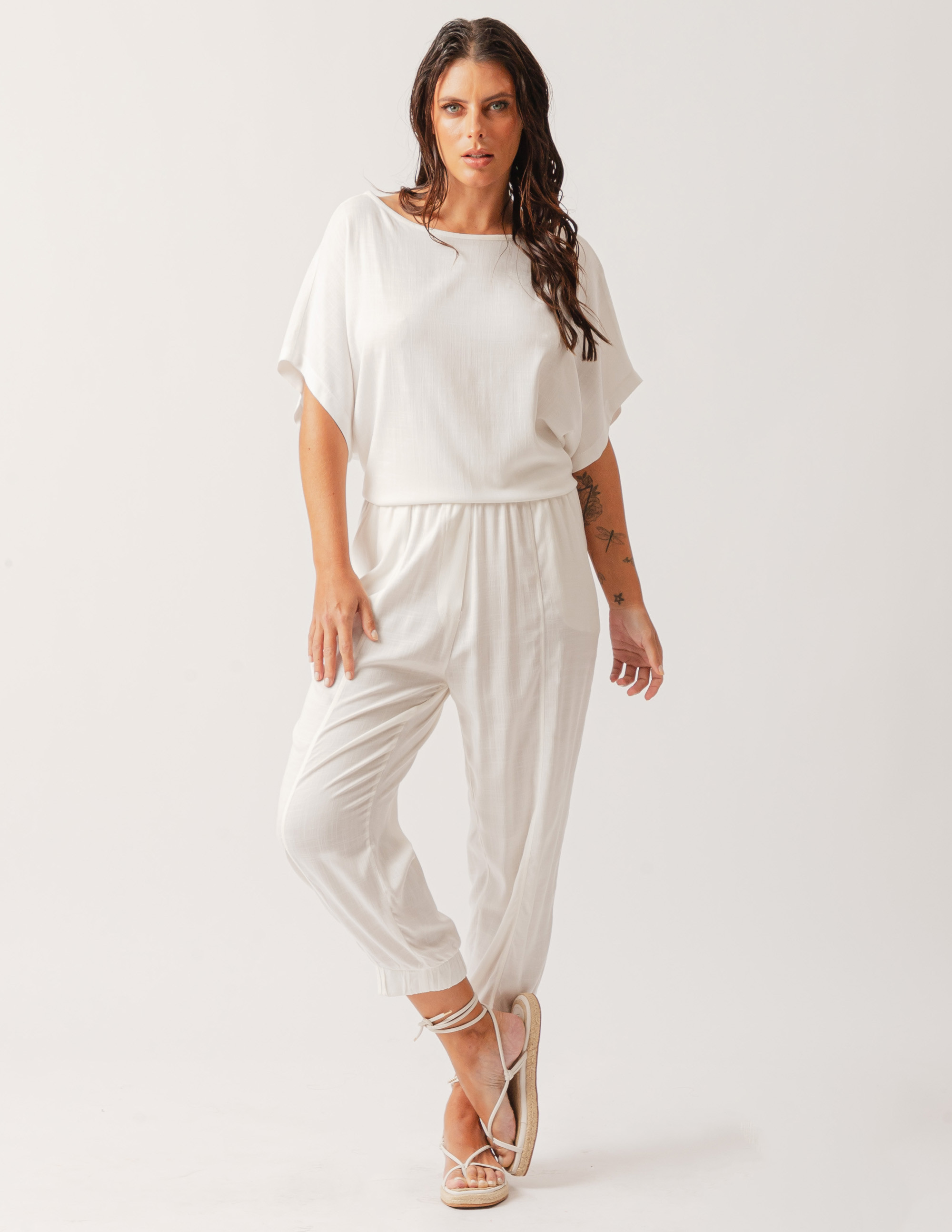 Calça Linho Recorte Pespontado Off White