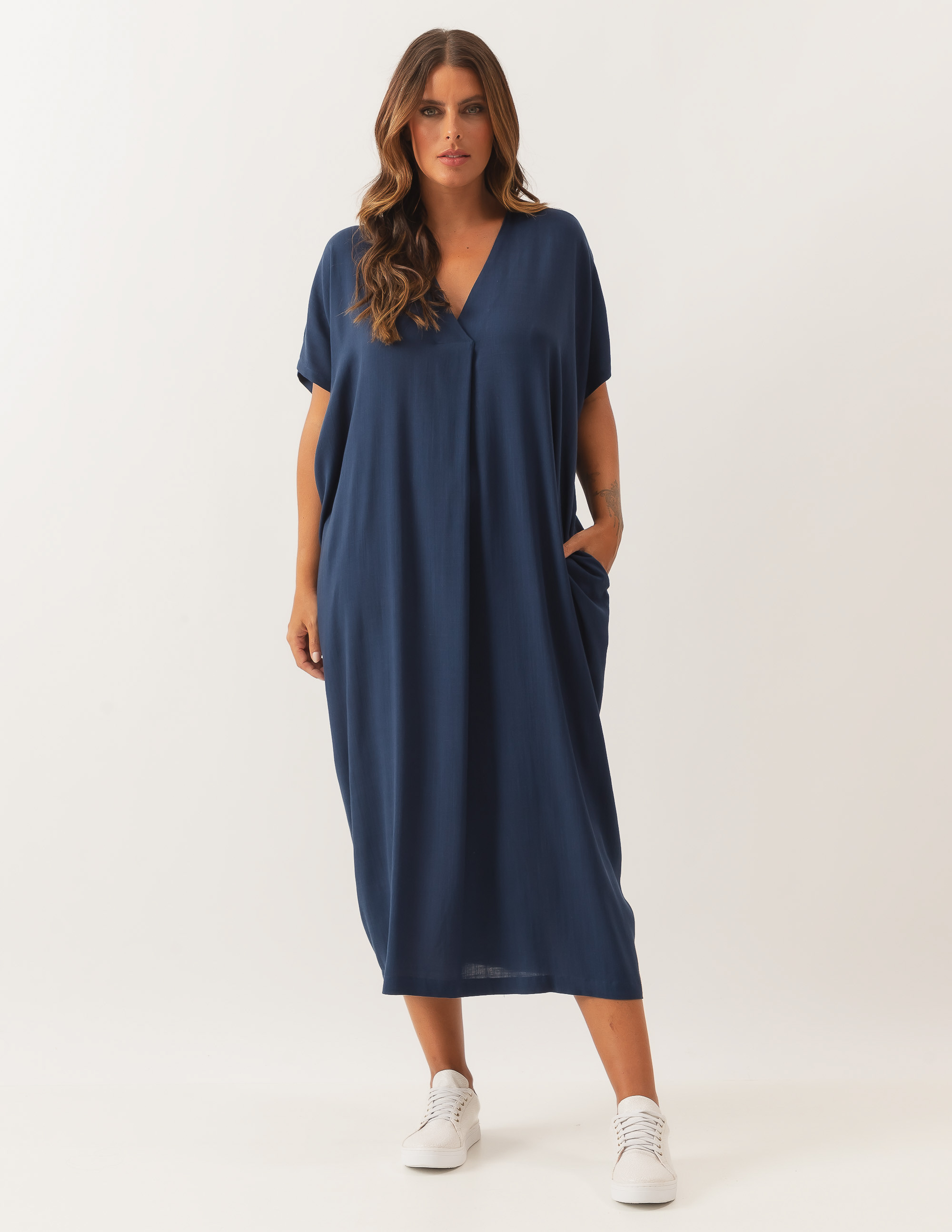 Vestido Linho Prega Azul Marinho