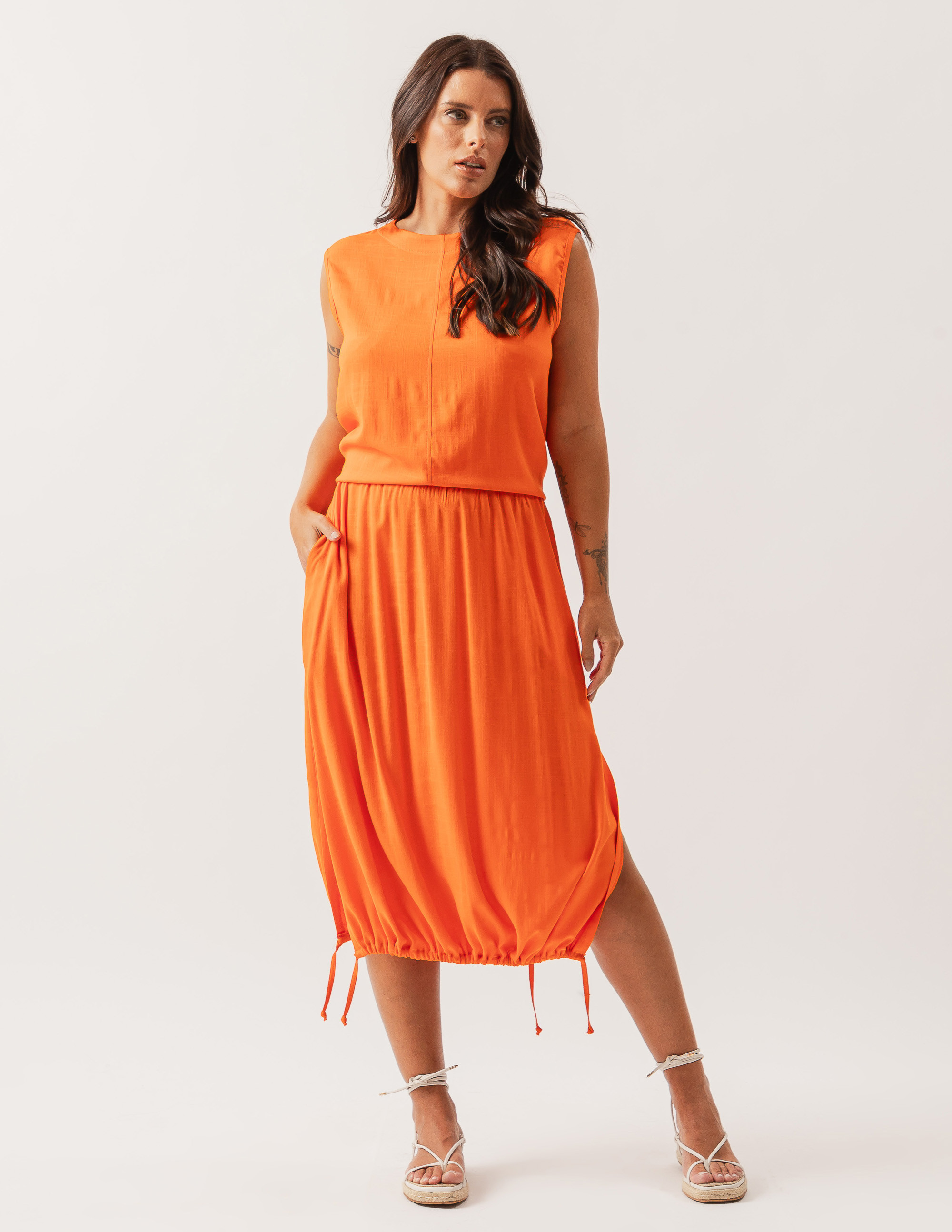 Saia Franzida Linho Laranja Cítrico