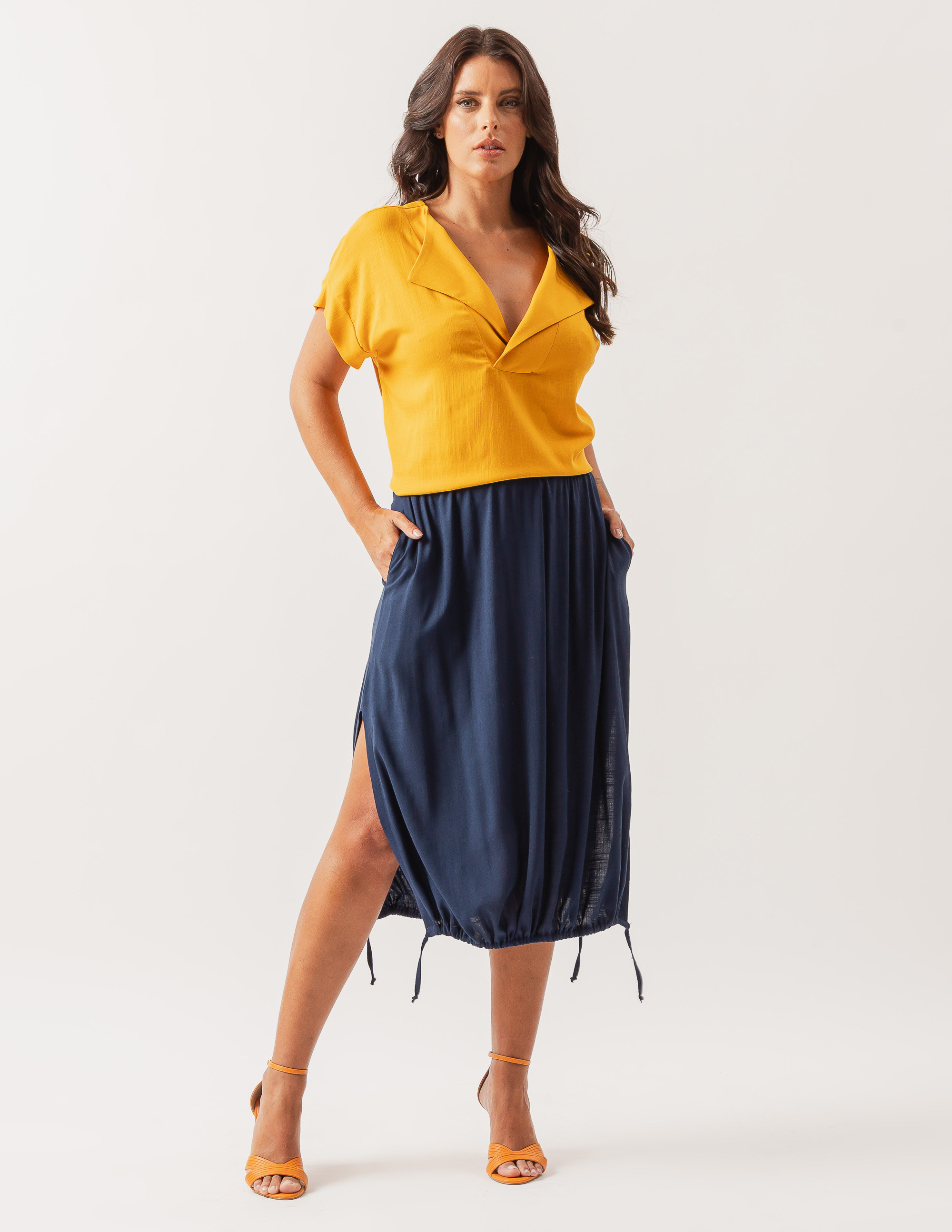 Saia Franzida Linho Azul Marinho