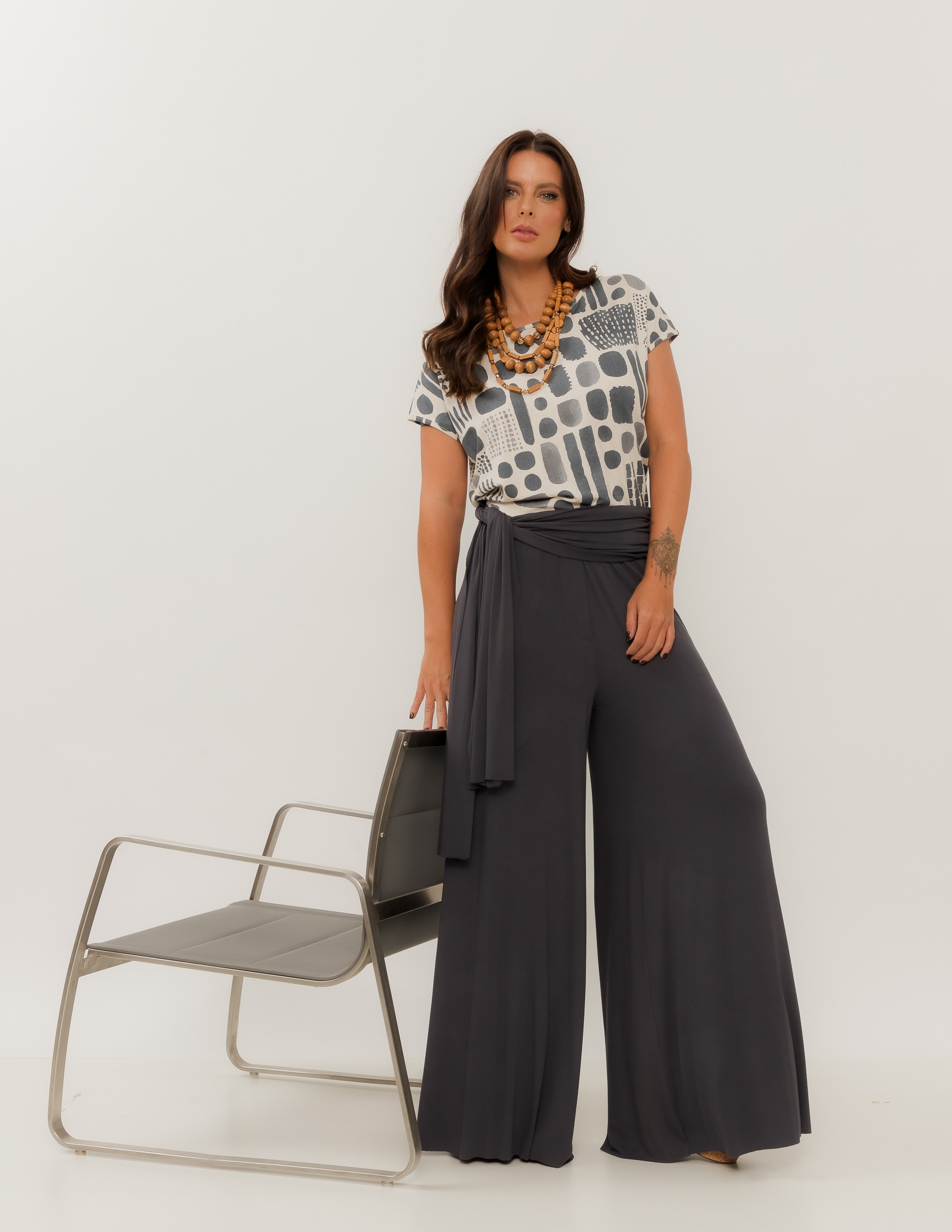 Calça Maxi Pantalona Cinza Calcário