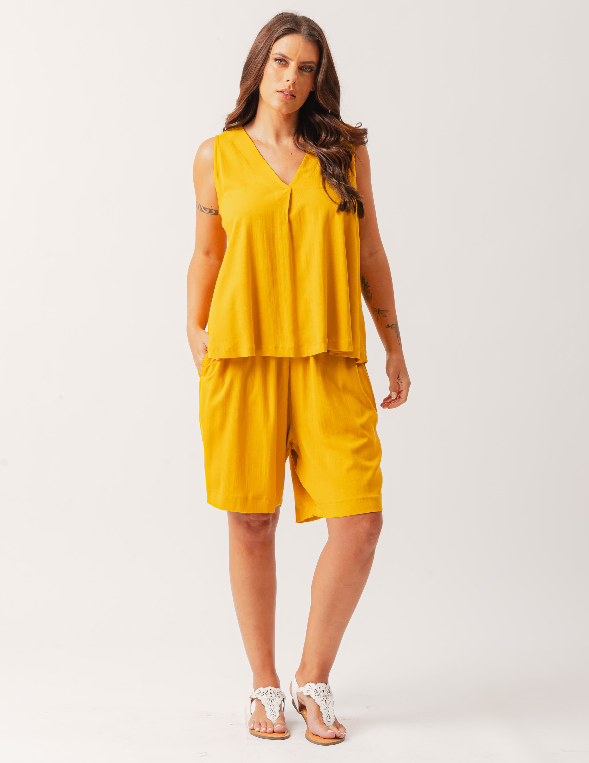 Blusa Linho Decote V Amarelo Âmbar