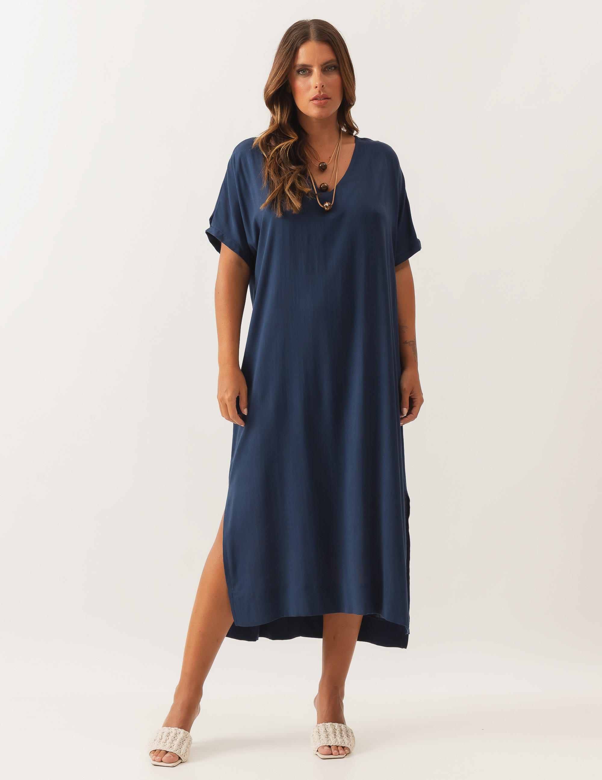 Vestido Linho Faixa Amarração Azul Marinho