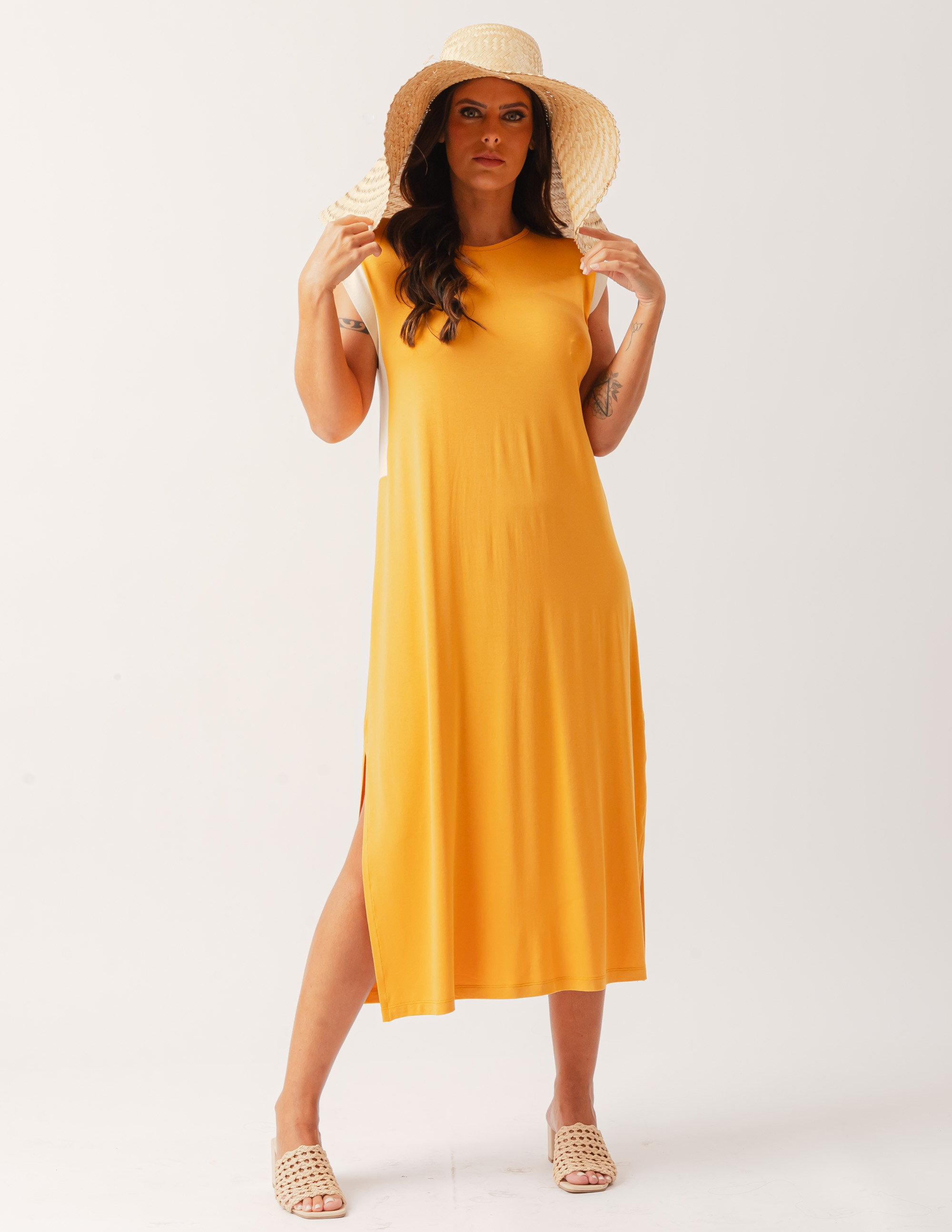 Vestido Fenda Bicolor Amarelo Âmbar