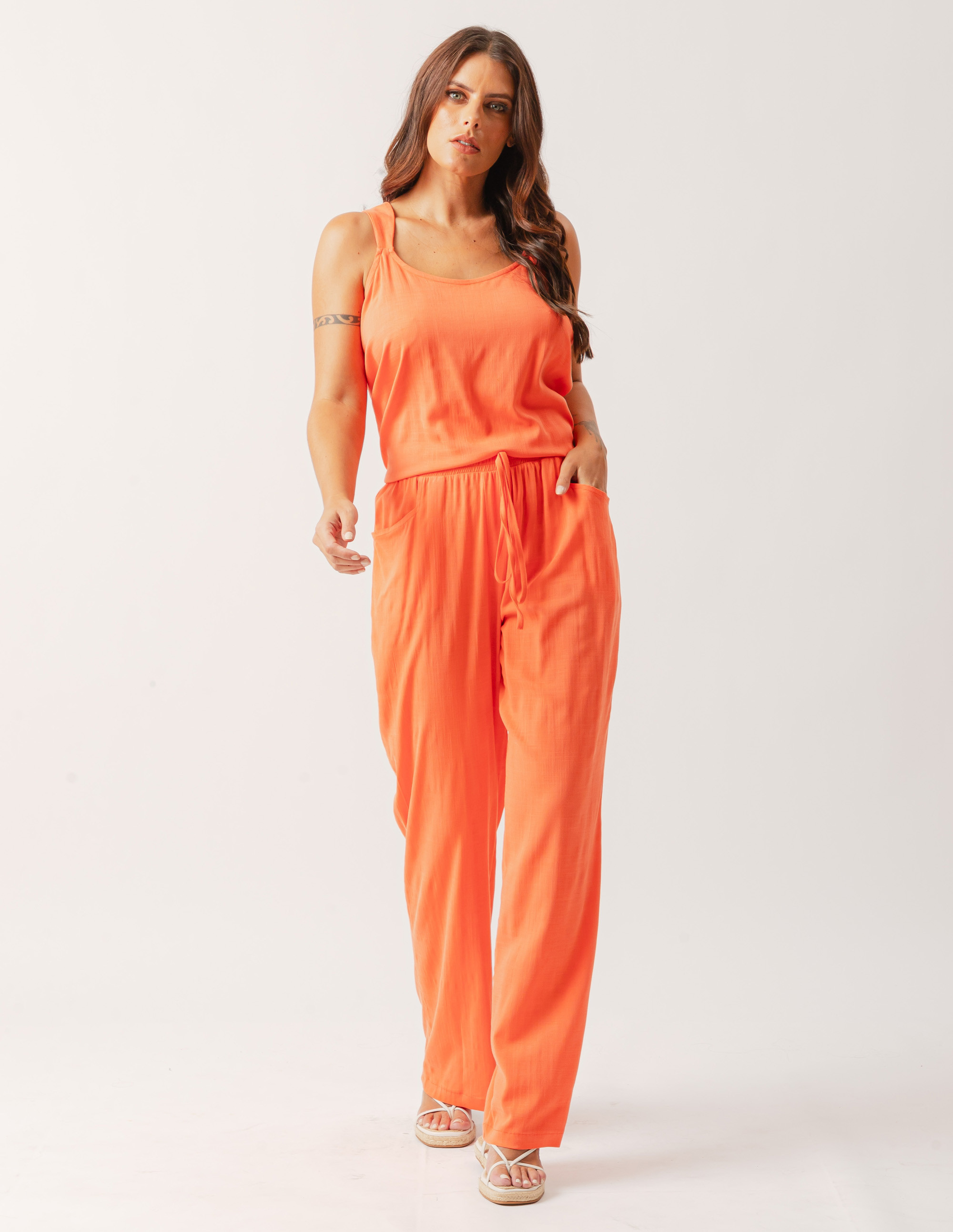 Calça Reta Linho Laranja Coral