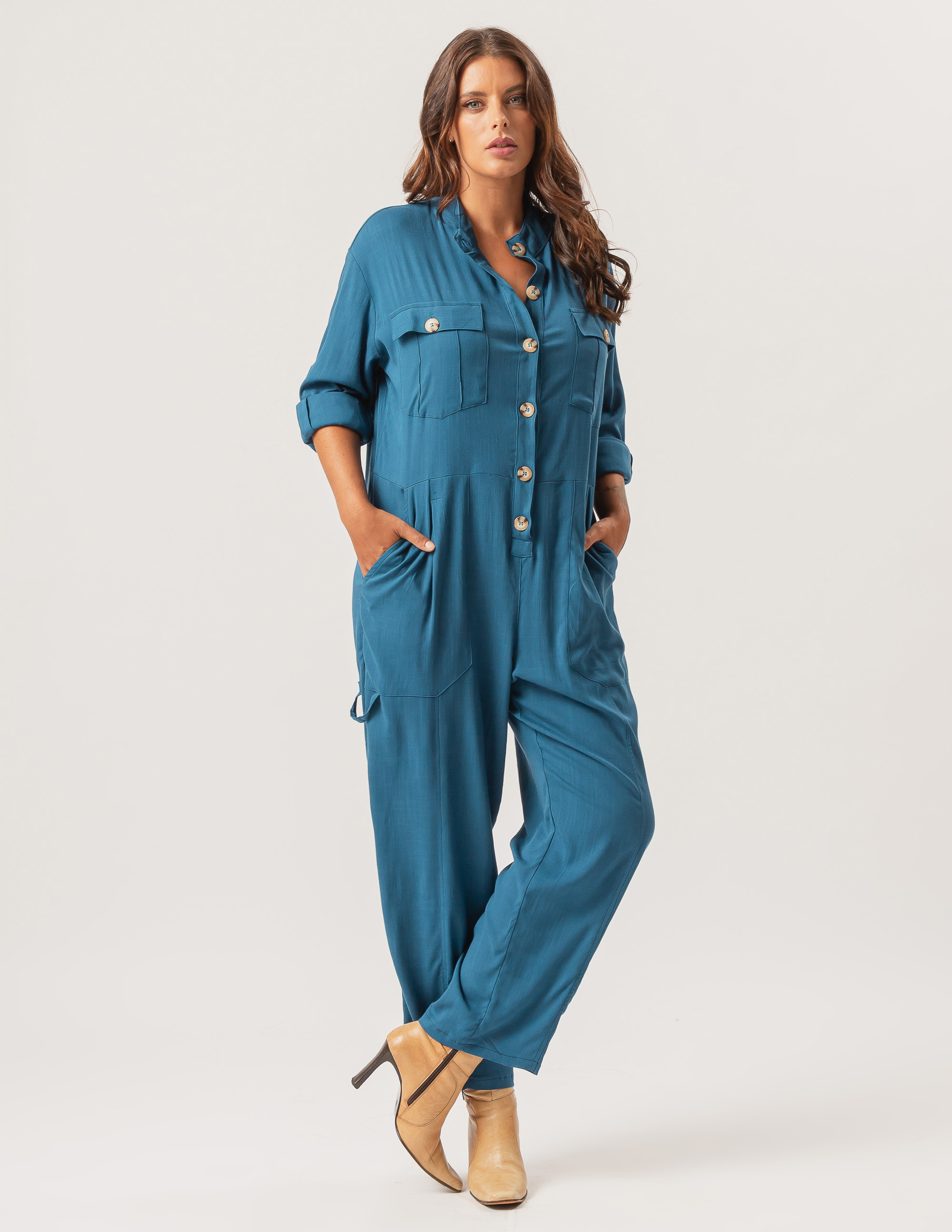 Macacão ML Botão Linho Azul Petróleo