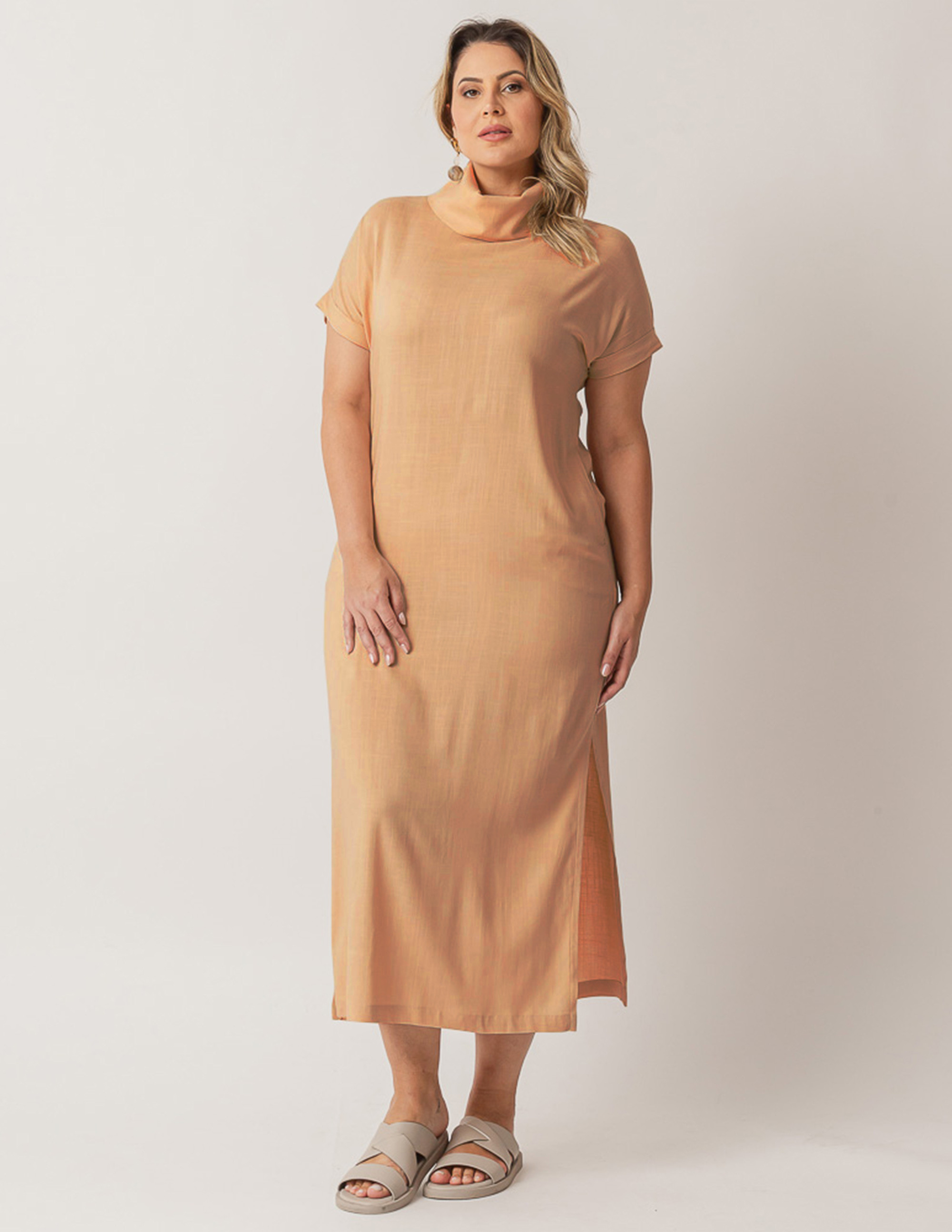 Vestido Linho Gola Alta Bege Camurça