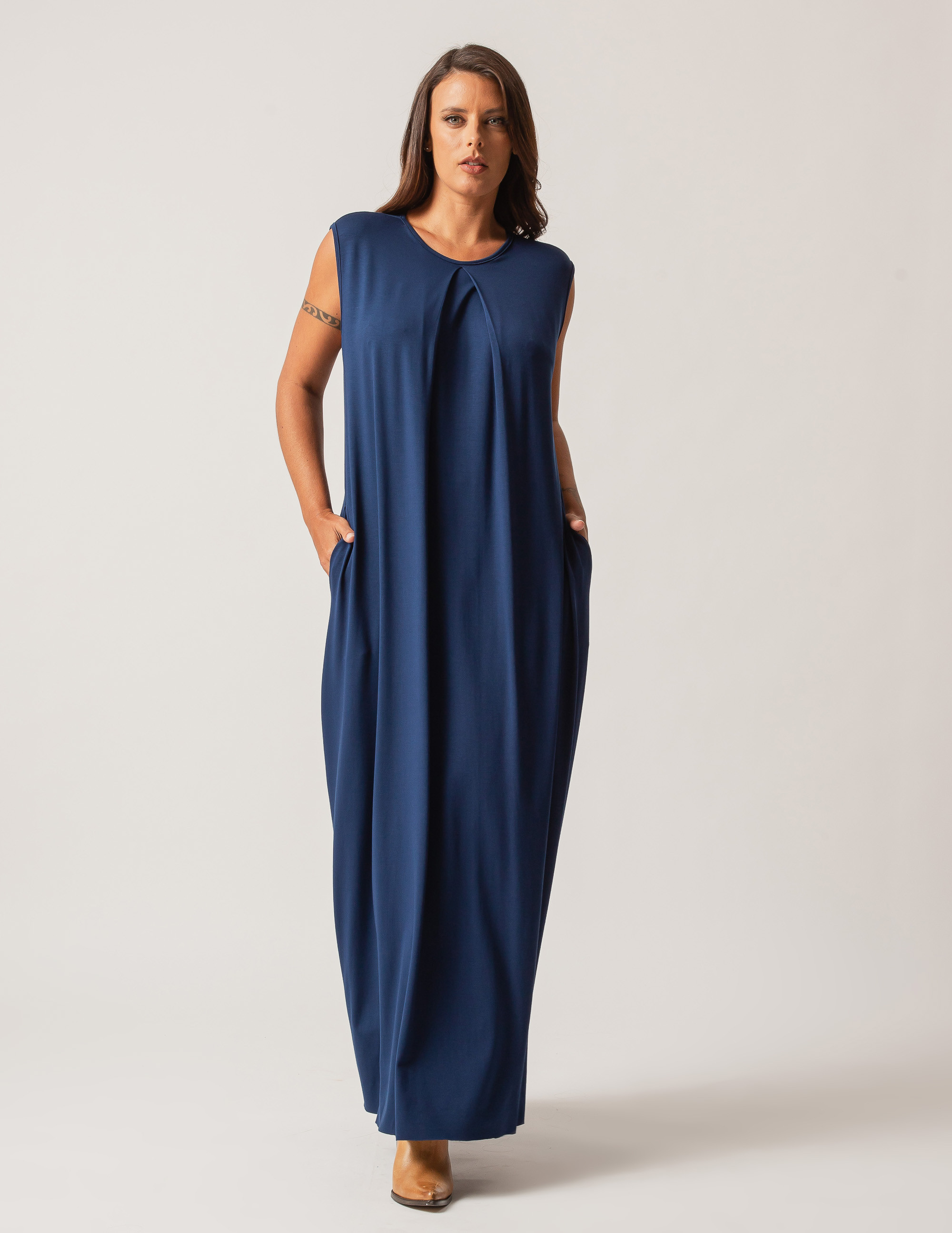 Vestido Longo Prega Azul Marinho