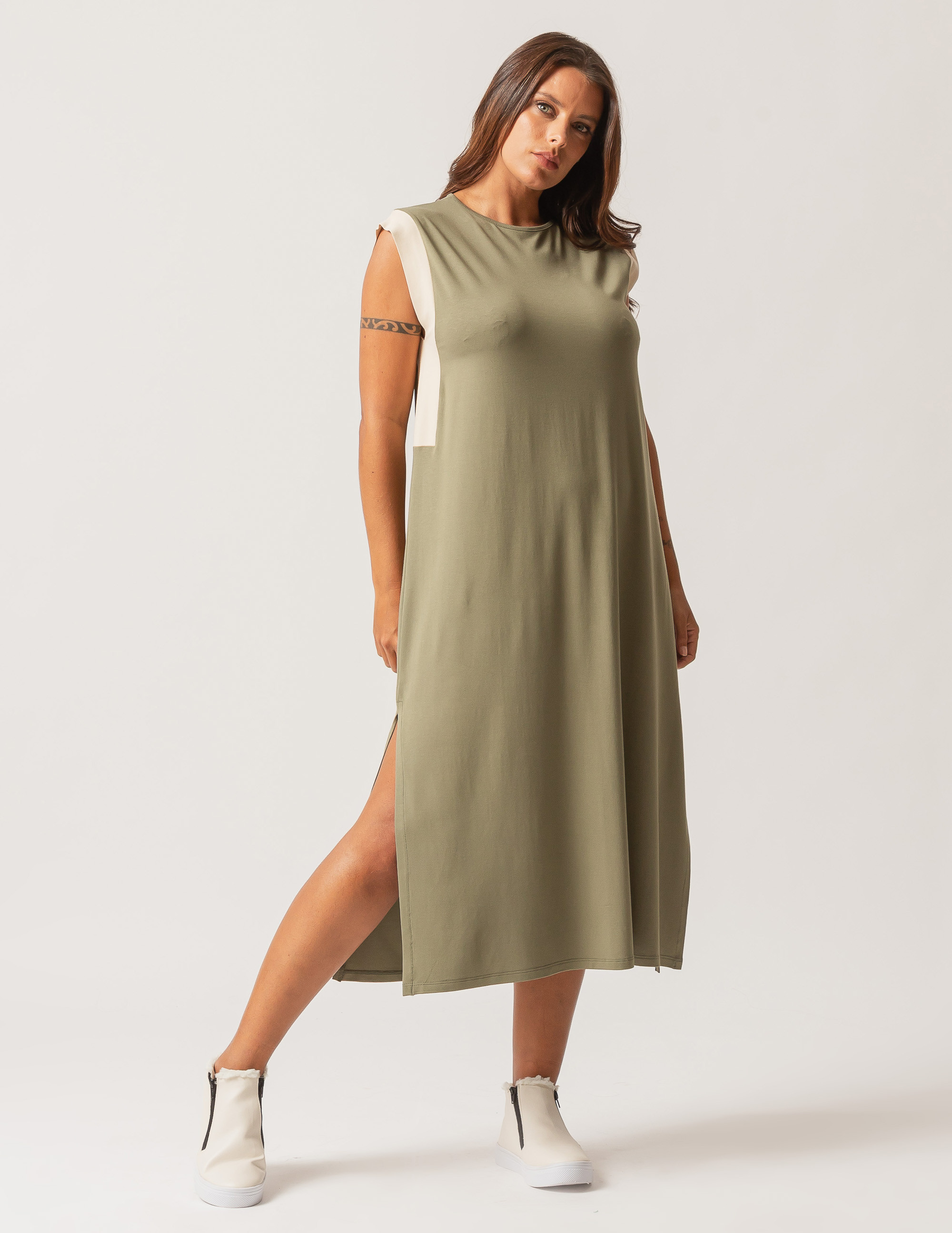 Vestido Fenda Bicolor Verde Botânico