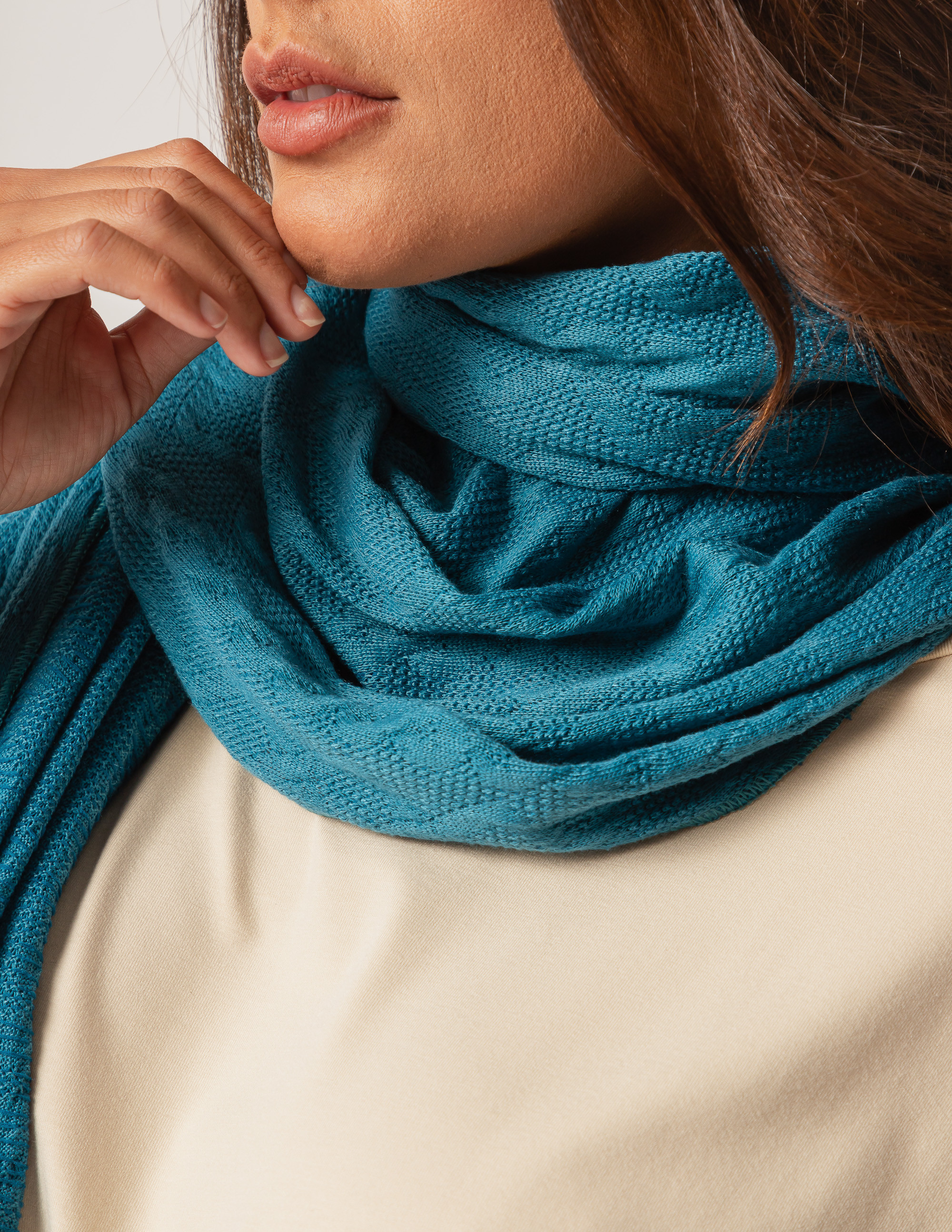 Echarpe Comprido Tricô Azul Petróleo