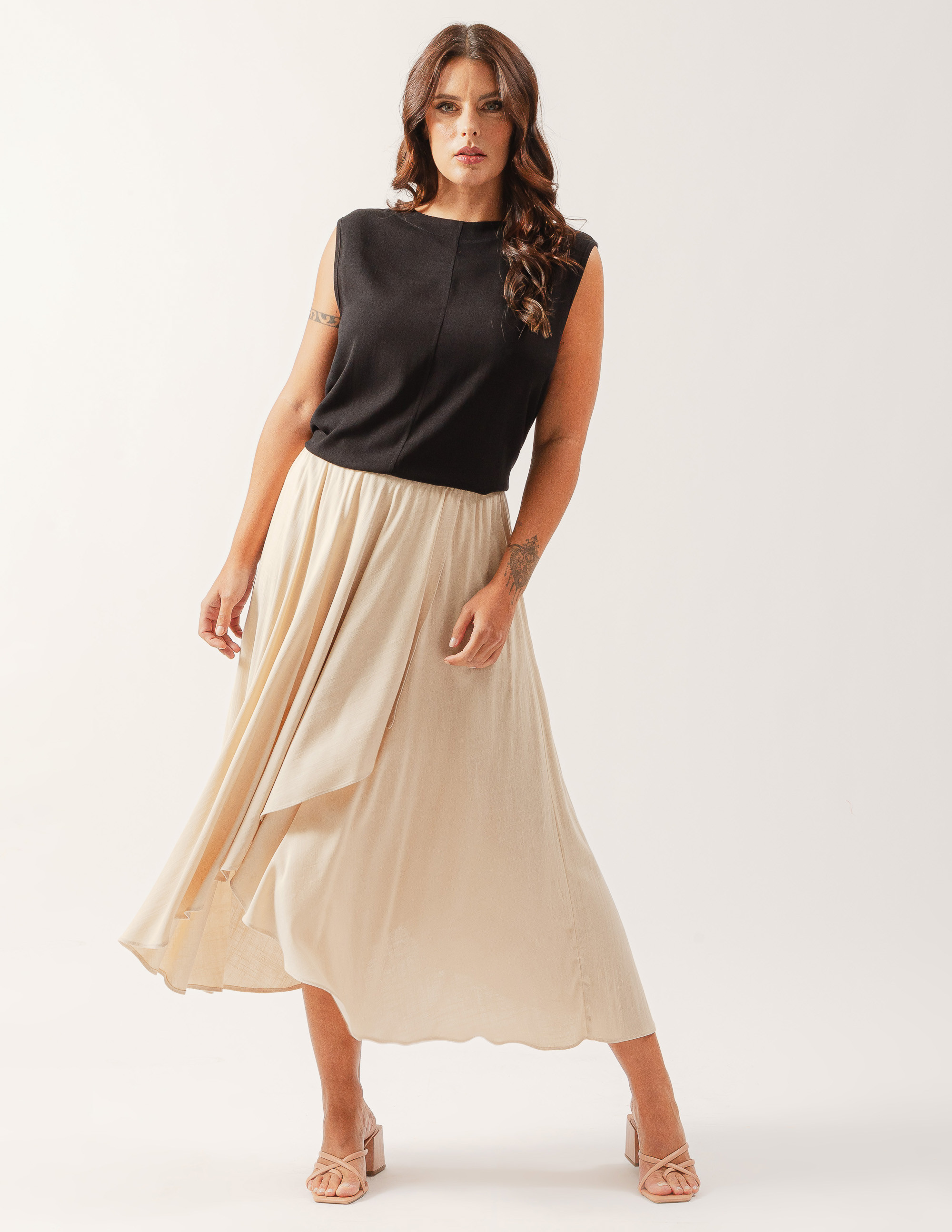 Saia Linho Midi Transpasse Trigo