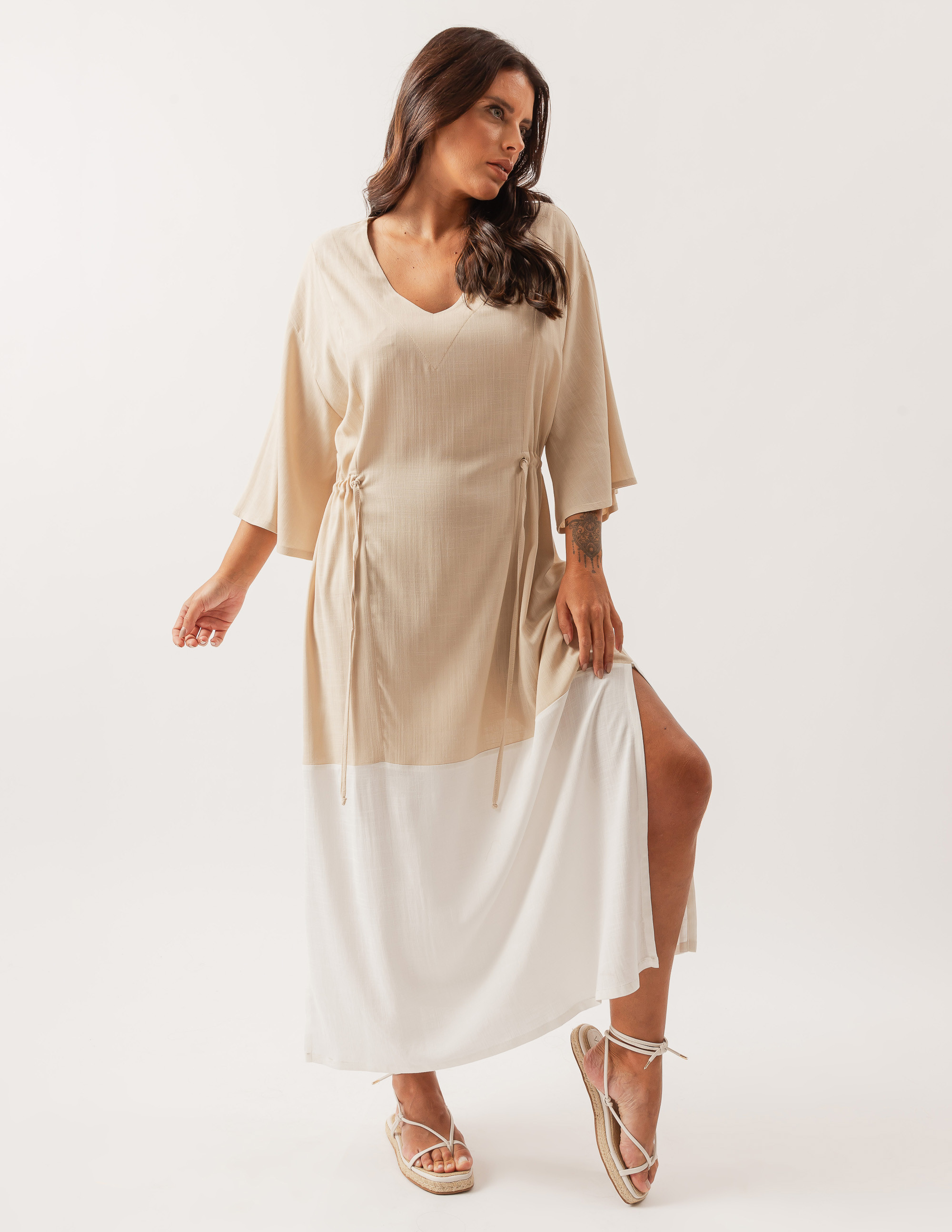 Vestido Linho Recorte Bicolor Trigo