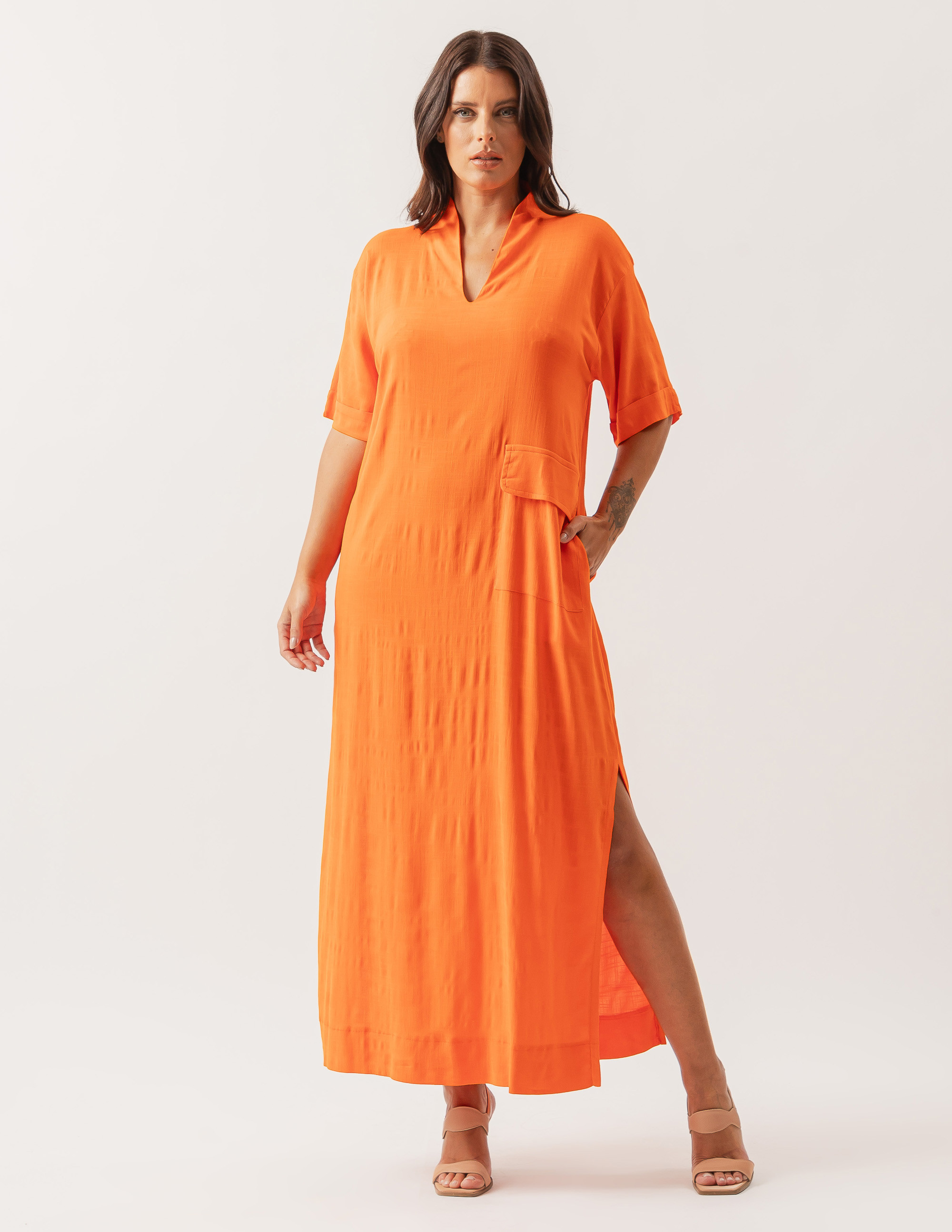 Vestido Linho Detalhe Bolso Laranja Cítrico