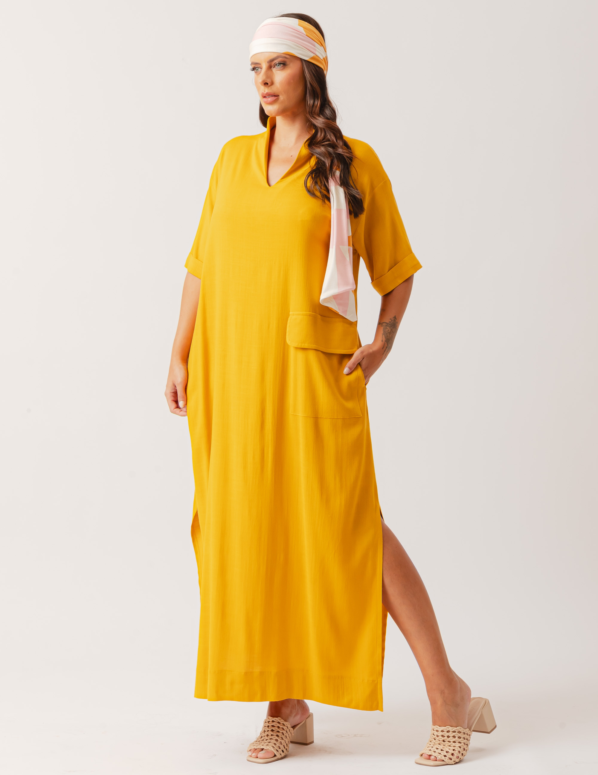 Vestido Linho Detalhe Bolso Amarelo Âmbar