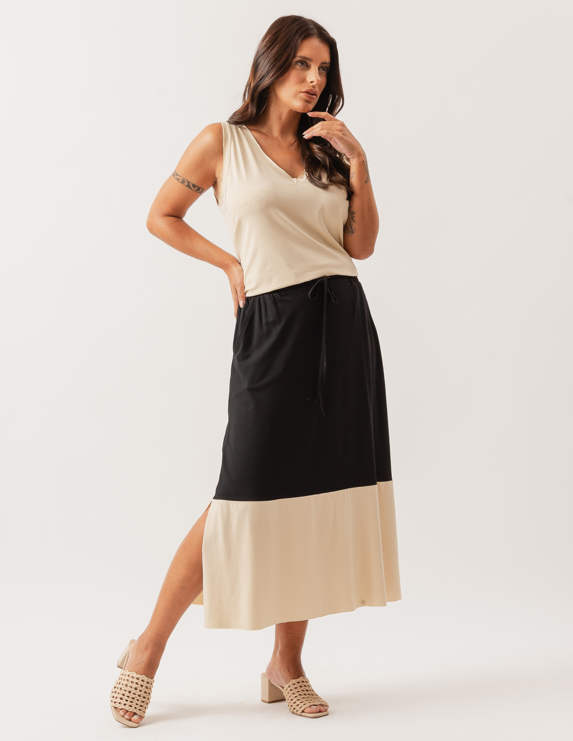 Saia Midi Bicolor Preto